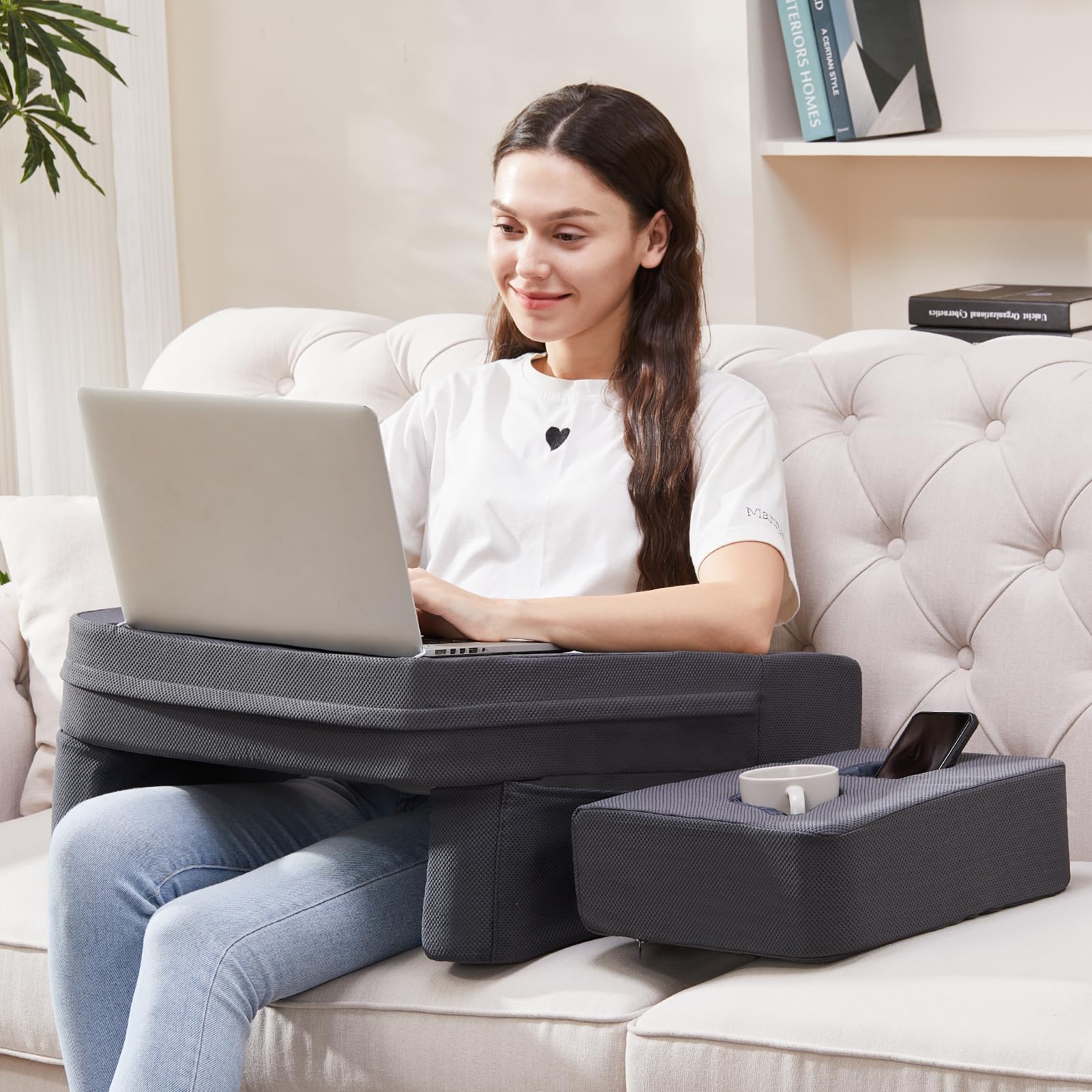 comehealthy Lap Desk for Laptop, Reading Pillow for Adult, Memory Foam Gaming Pillow with Cup Holder, Arm Rest Couch Pillow for Working, Gaming, Reading, Laptop Desk for Couch Bed Floor(Grey)