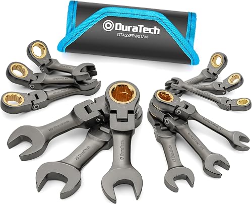 DURATECH Juego de llaves de trinquete antideslizantes de cabeza flexible de 12 piezas, juego de llaves combinadas, métricas, 0.315-0.748 in, 72