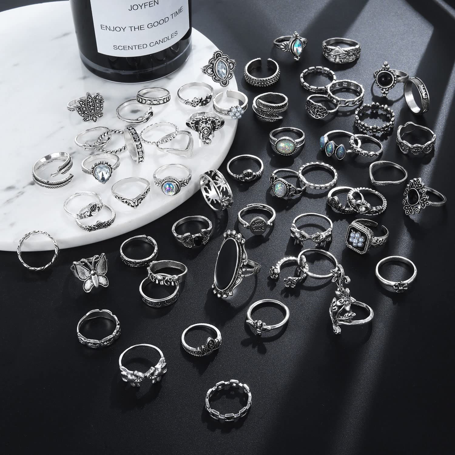 17IF Vintage Silver Knuckle Rings Set for Women Men, Chunky Rings Aesthetic Snake Grunge Stackable Gothic Ring Adjustable Y2K Punk Bulky Boho Finger Alt of Rings, Stacking Fairy Skull Frog Heart Star Flower Midi Ring Pack