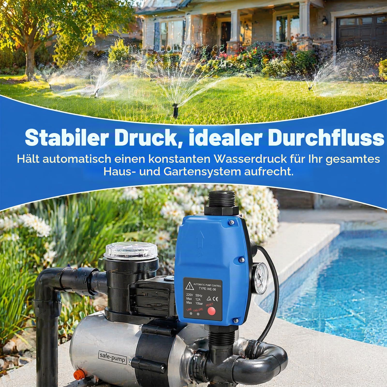 Pumpensteuerung Druckschalter mit Manometer - Druckschalter Wasserpumpe, Automatischer Pumpendruckregler, Druckwächter Druckschalter 10 bar Durchflusswächter für Hauswasserwerk Kreiselpumpe Gartenpump