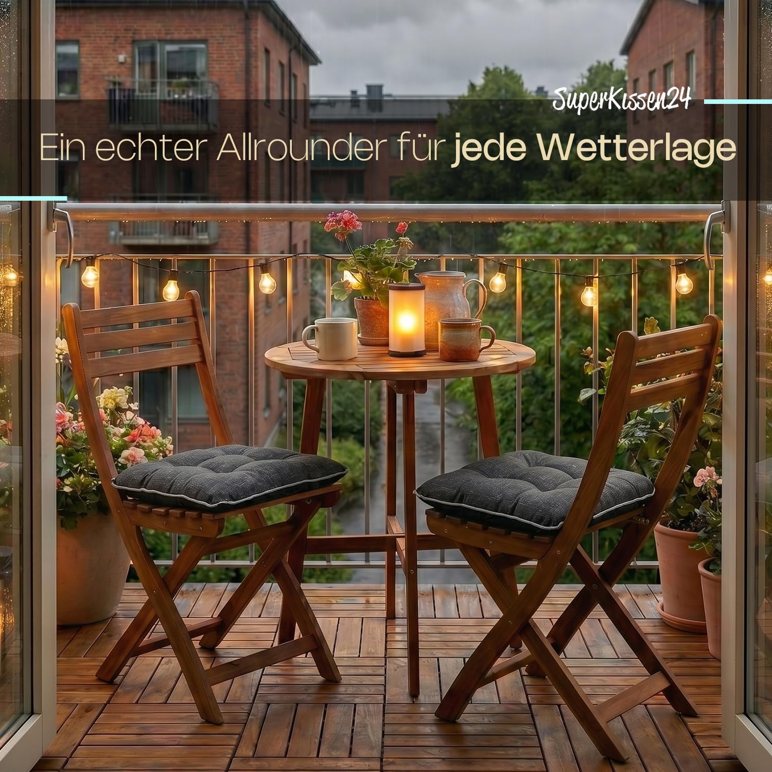 Outdoor Leinen-Optik Sitzkissen Stuhlkissen - 8er Set - 45 x 45 cm - Made in EU, Wasserdichtes & UV-beständig Gartenkissen - Stuhlauflage Stuhlpolster für Balkonstühle – Dunkel Grau