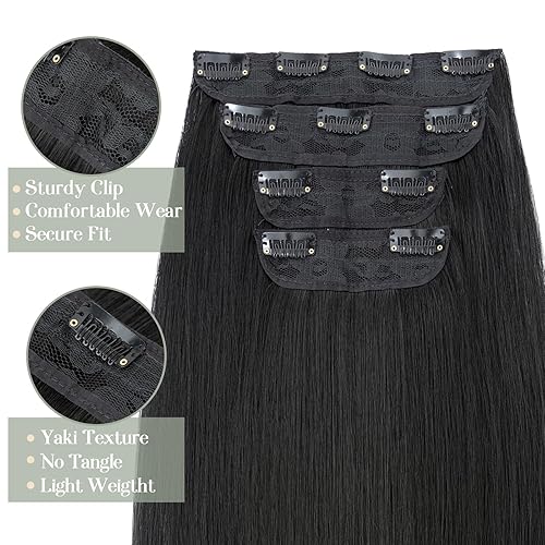 Miniatura 3 de S-noilite 4 extensiones de cabello Yaki con clip, 20 pulgadas, extensiones de cabello lacio Yaki largo negro con clip para mujeres negras, cabello