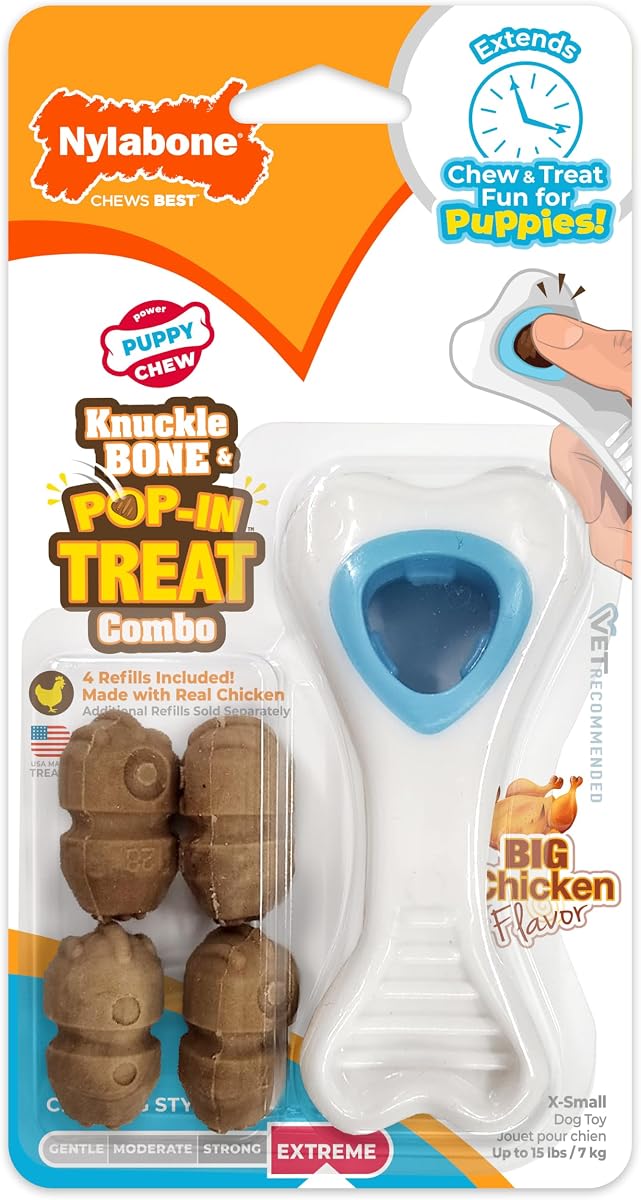 Juguete para masticar con hueso de nudillo y golosina para cachorros, talla XS | Sabor a pollo, incluye 4 golosinas naturales, enriquecimiento para cachorros, juguetes interactivos para cachorros para mantenerlos ocupados, perros de hasta 15 libras