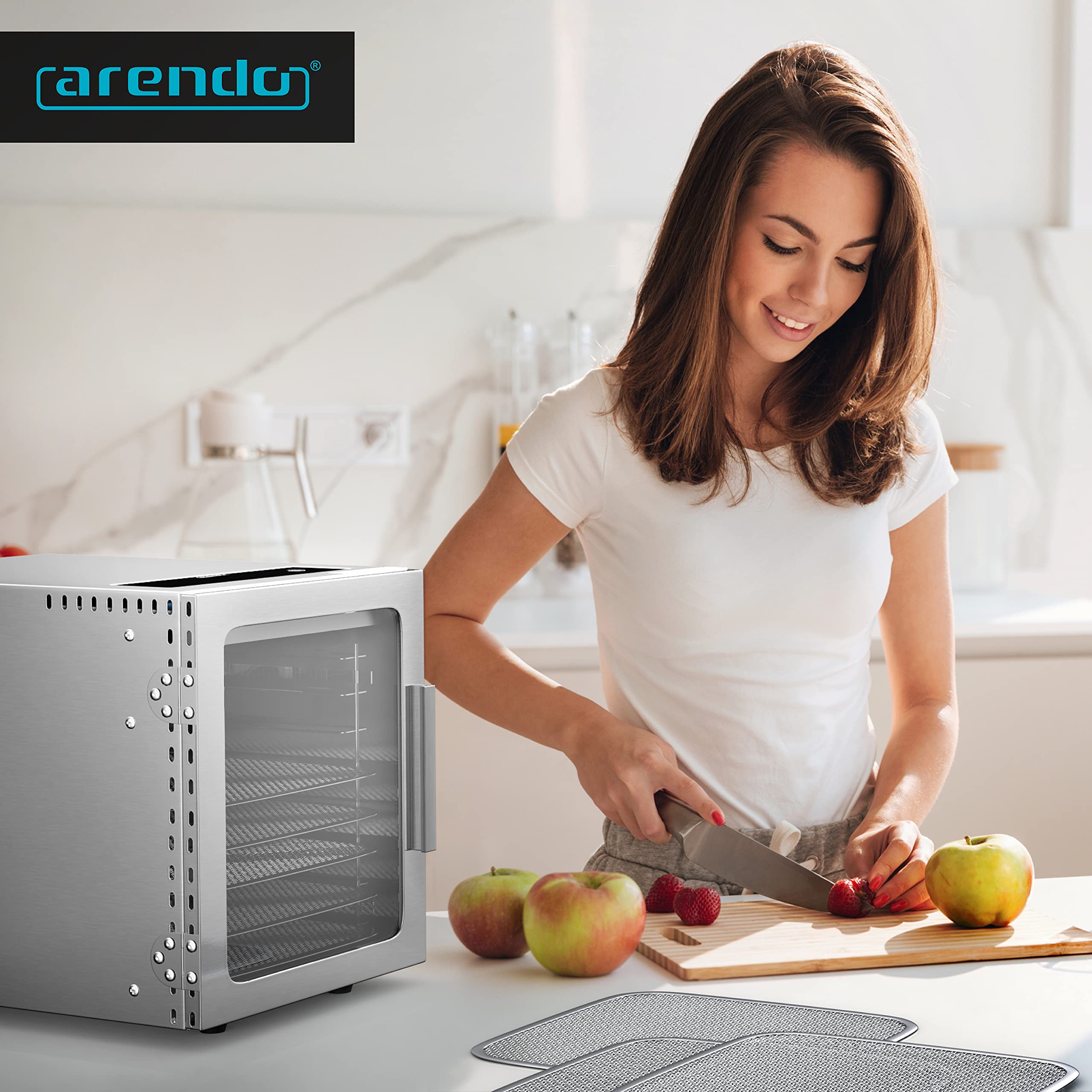 Arendo - Edelstahl Dörrautomat 8 fach - 500 Watt mit Temperaturregler - Dörrgerät für Lebensmittel Fleisch Früchte Obst Pilze - Timer bis zu 24 h - 8 Einlegefächer - GS - Dehydrator