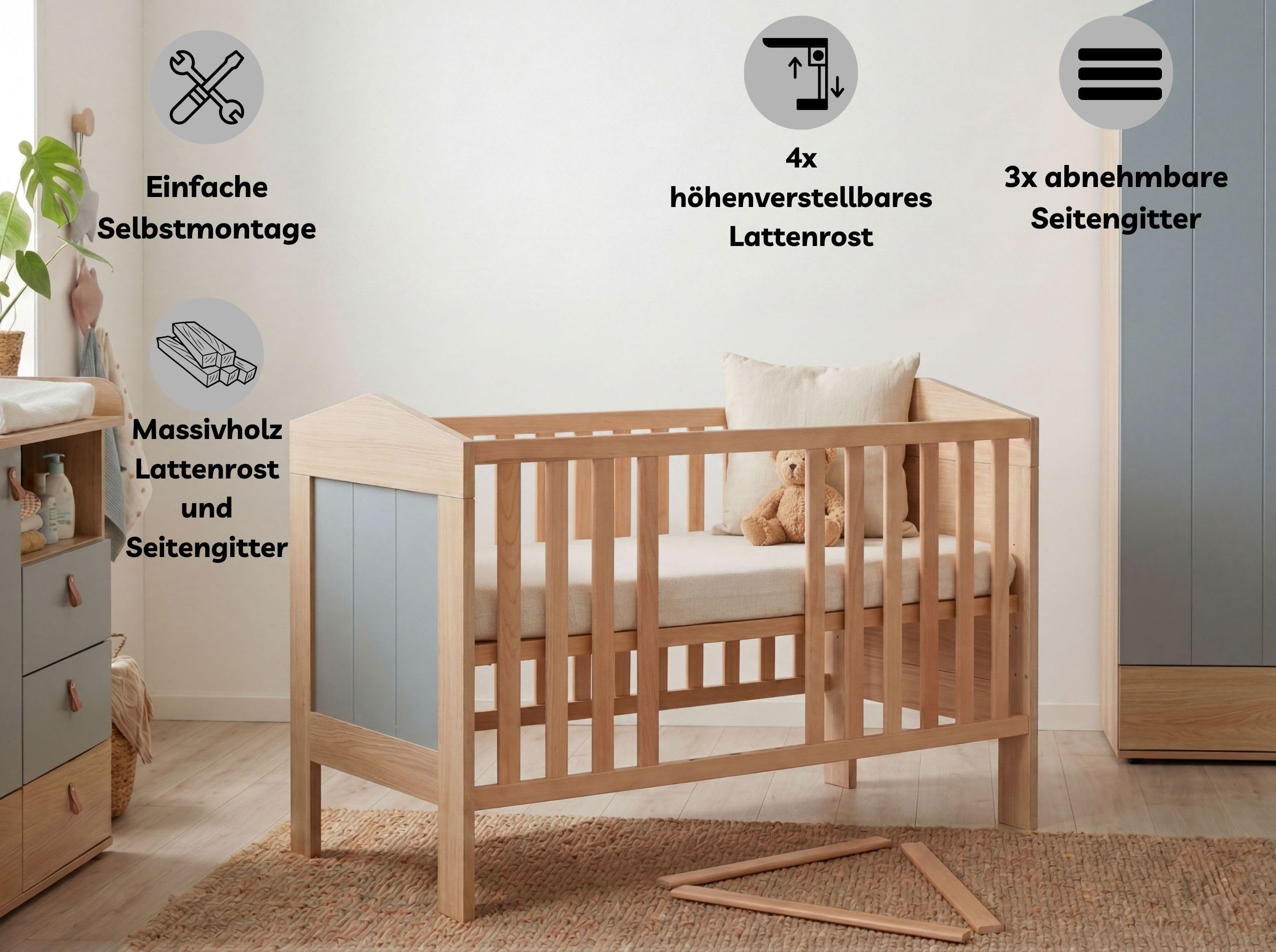 Roofy Babyzimmer Set 6-TLG – inkl. Babybett (umbaubar), Wickelkommode & Kleiderschrank – Made in Germany, Soft-Close – Skandi-Look in Salbei/Nagano Eiche