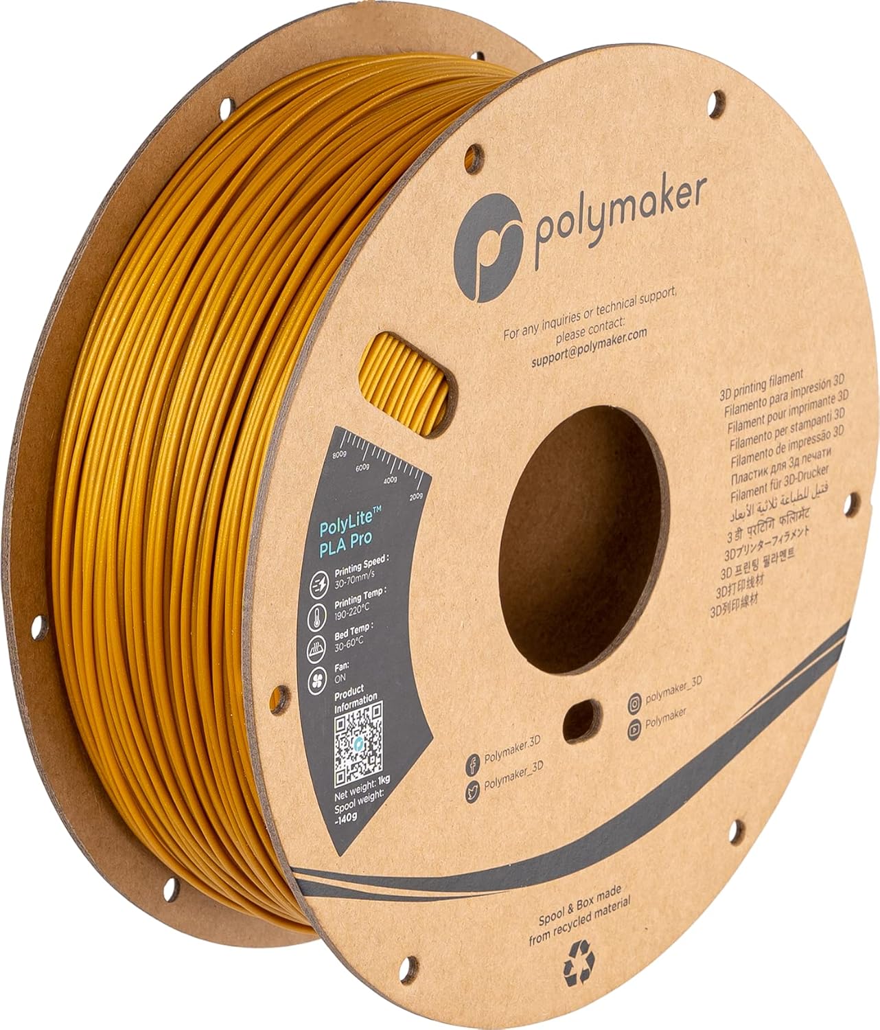 Polymaker PLA PRO Filament 1.75mm Gold, Powerful PLA Filament 1.75mm 3D
