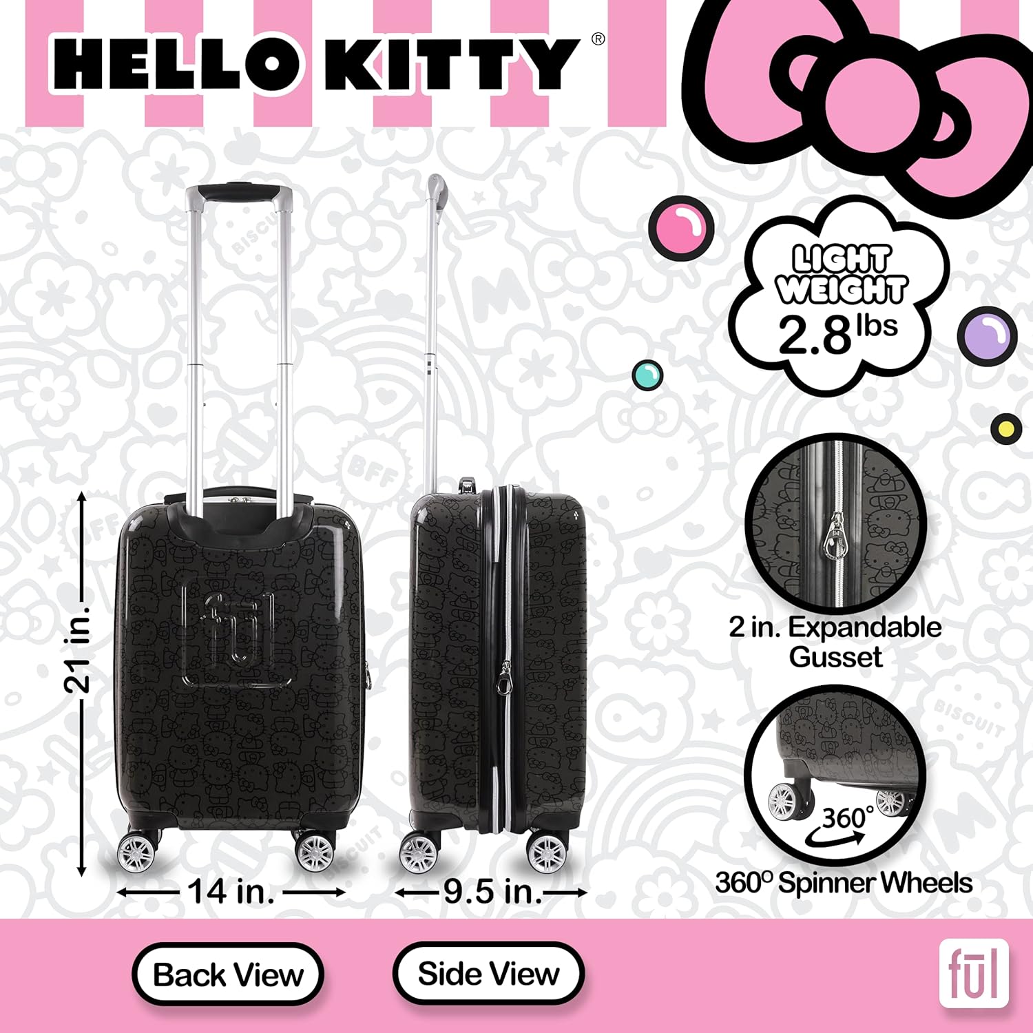 review FUL Hello Kitty 21 Inch Rolling Luggage, Hardshell Carry On Suitcase with Spinner Wheels, Black
