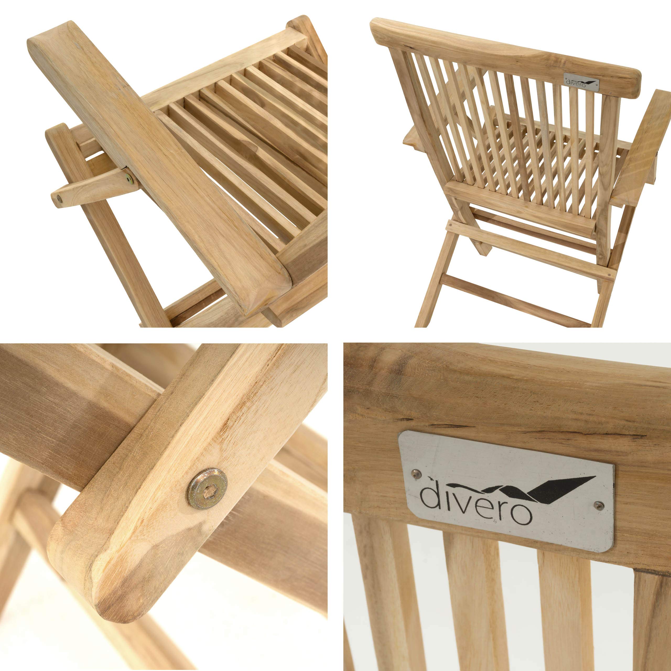 Divero 2er Set Klappstuhl Bergamo, Teak-Holz, unbehandelt - Natur-Braun