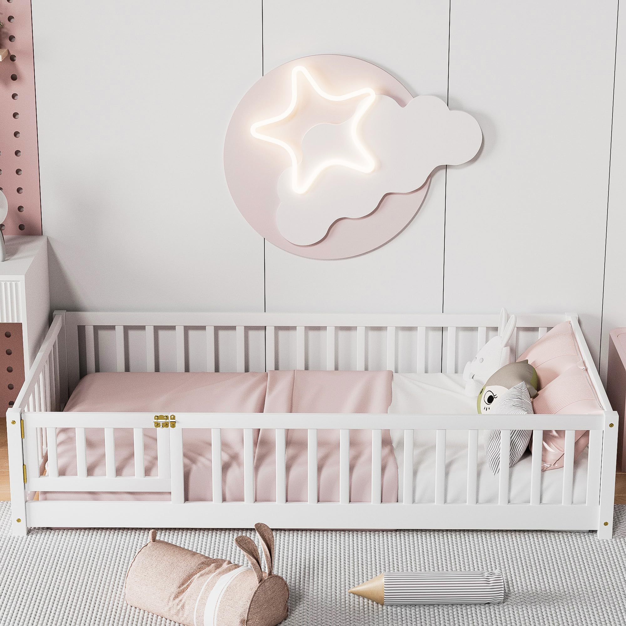 i-POOK Twin Floor Bed for Children, Sturdy Wood Montessori Bed Frame with Wood Slats, High Fence & Small Door, Montessori Floor Bed for Girls and Boys, White