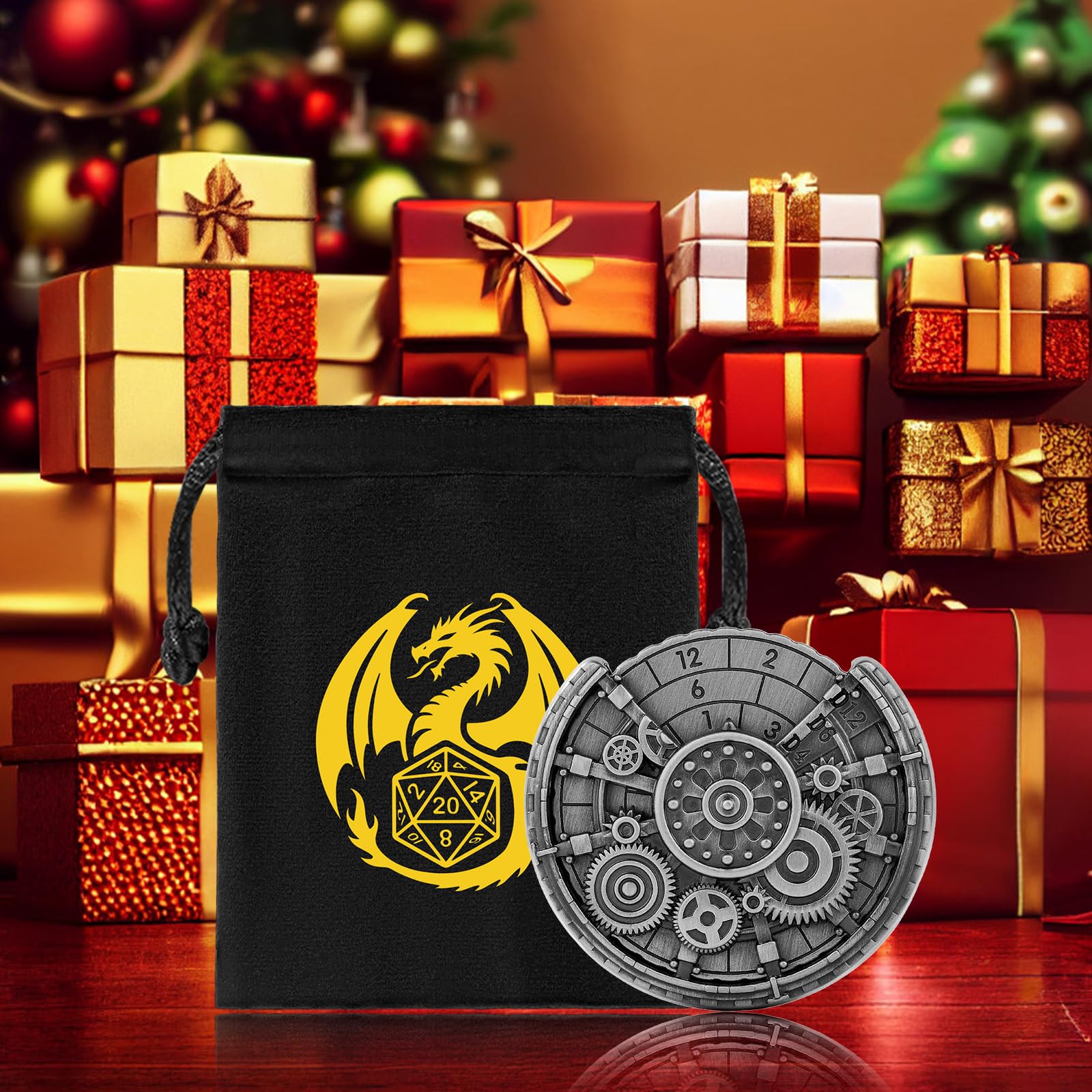 Ingranaggio Cavo DND Ruota Dadi Spinner, 7-in-1 Metallici D&D Spinner di Dadi, Ingranaggio Cavo D&D Roulette, Regali DND, Sacchetto Regalo con Logo Drago, Accessori per Gioco di Ruolo, Argento Scuro