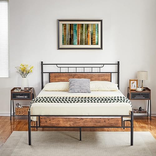 VECELO Full Size Bed Frame with Headboard Strong Metal Slats and Anti-Slip Support, Rustic Country Style Platform Mattress Foundation with Noise Free Design, No Box Spring Needed, Easy Assembly, Brown