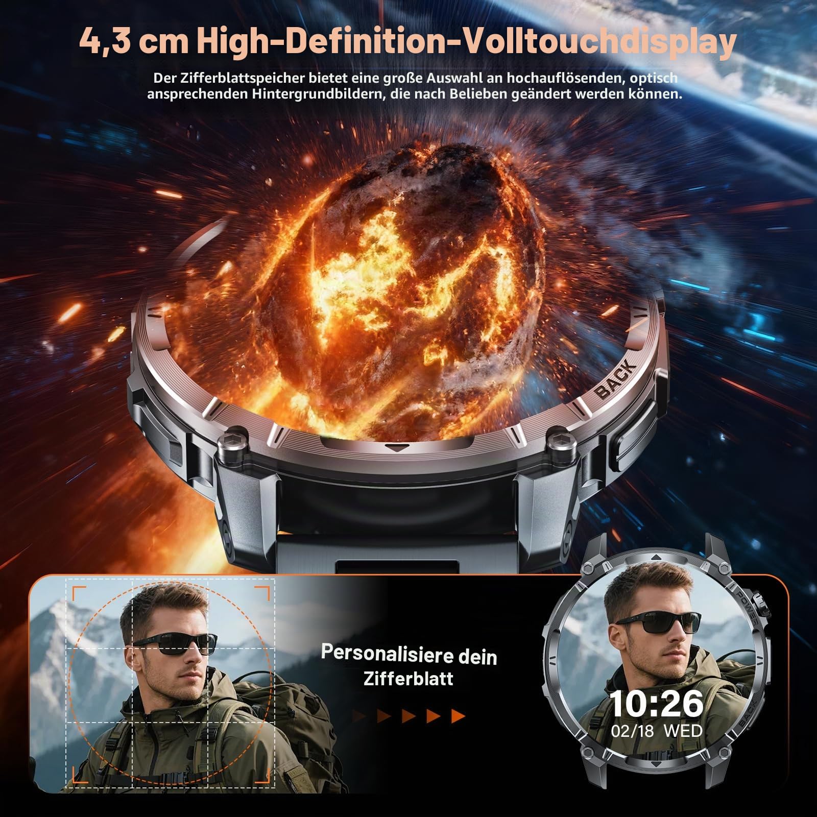 SLOKSFil Militär Smartwatch Herren mit 1000 mAh Akku/LED-Licht, 1.7" HD Touch Display Fitnessuhr mit Telefonfunktion, Pulsmesser SpO2 Schlafmonitor IP68 110+ Sportmodi, für Android iOS (Stahlband)