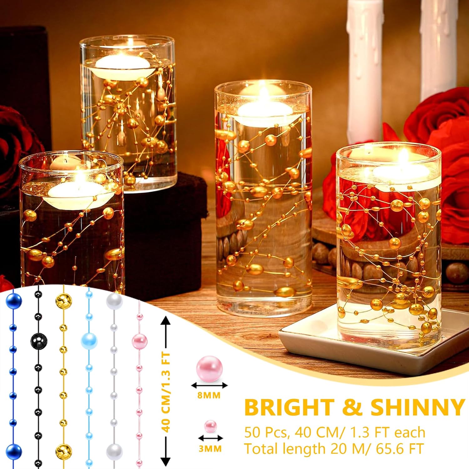 50 PCS Artificial Floating Beads for Centerpieces Vases, Black Gold 8+3mm String Beads for Wedding Party Faux Pearl String for Decorating, String Pearls for Crafts Vase Filler