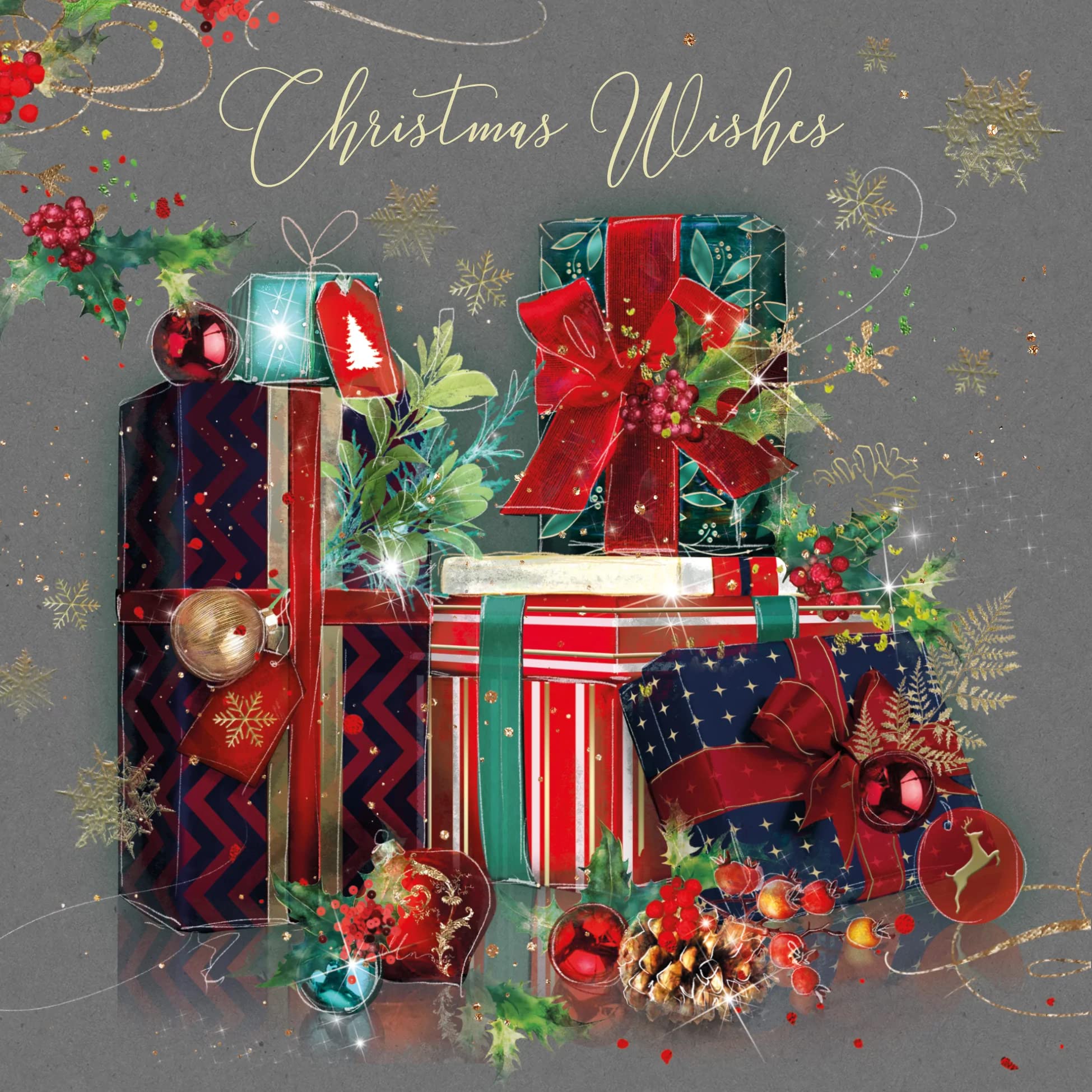 Cherry Orchard Open Christmas Card, Christmas Wishes. Artistic Presents and Bows Design from the Gorgeous Grace range, finished with gold foil, comes with Gold Envelope