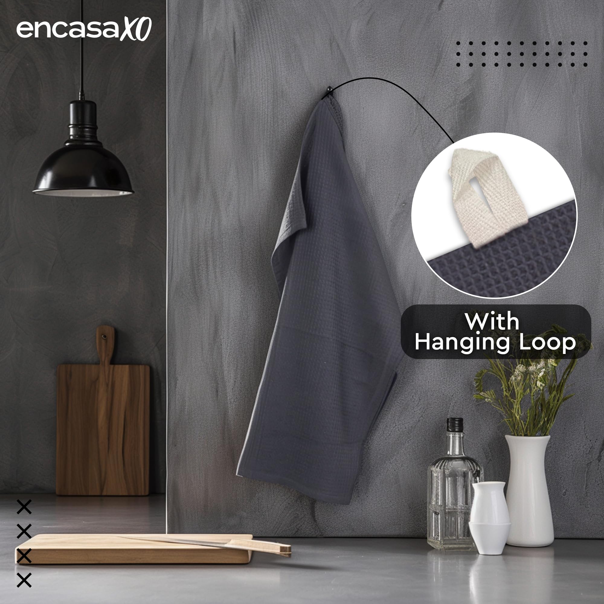Encasa XO Kitchen Dish Towels Set | Grey | Waffle Weave and Flat Hand Tea Towel | 70x45 cm | Quick Drying Reusable Cotton Washcloths | Multipurpose Lightweight Dishcloths Set of 4 4