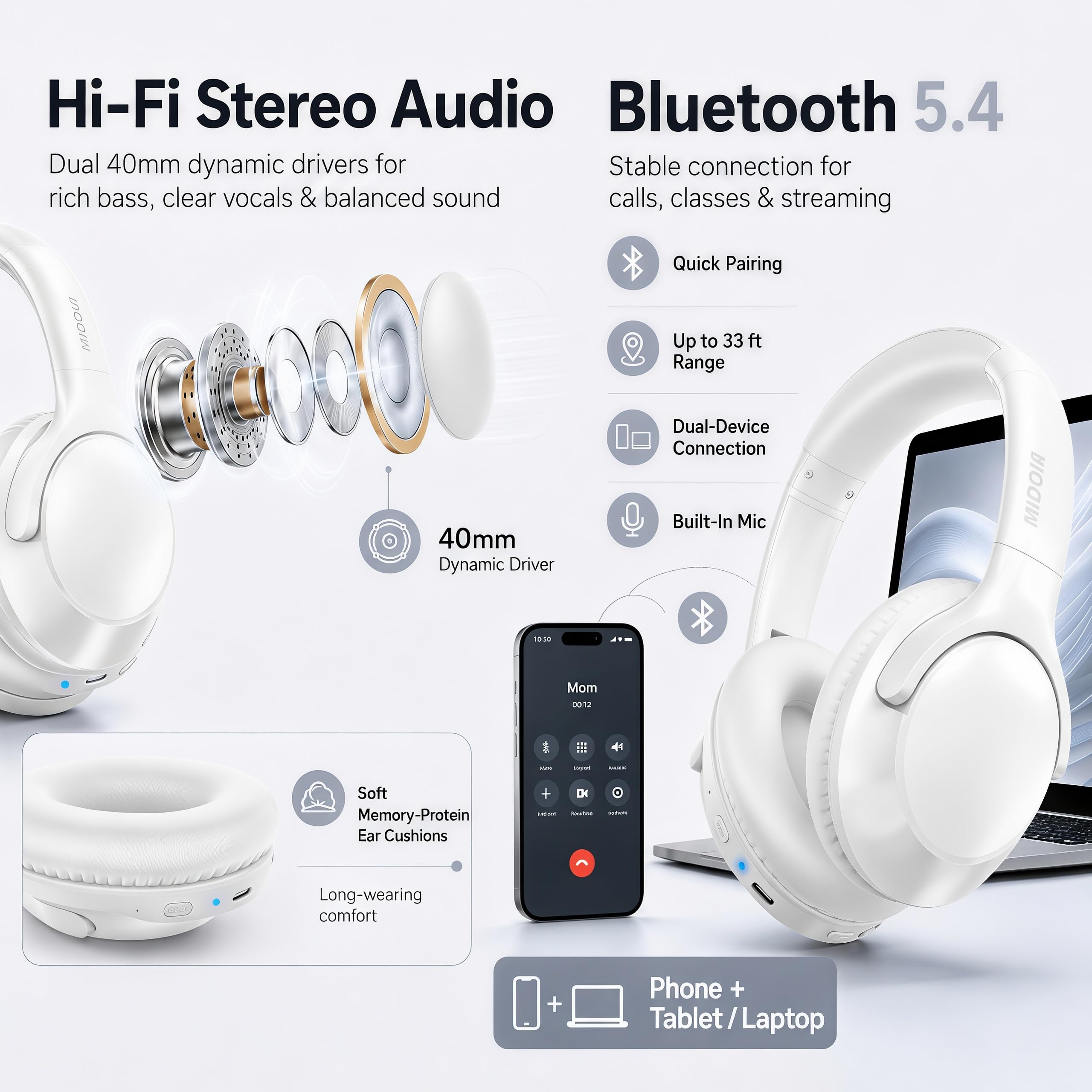 MIDOLA Bluetooth-Kopfhörer, Over-Ear-Kopfhörer, 68H, Spielzeit, 6 EQ, kabelloses Headset mit Mikrofon, HiFi-Stereo, faltbar, leicht, tiefer Bass, für Reisen, Zuhause, Büro, Handy, Weiß