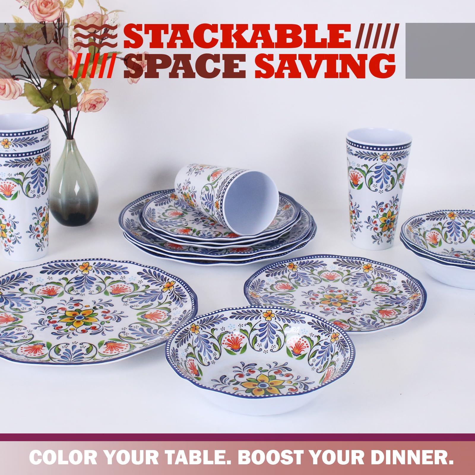 Juego de vajilla de melamina para 4-16 piezas: juego de platos de camping con platos llanos, platos de ensalada, tazas y cuencos. Ligero e irrompible, uso en interiores y exteriores, flor28