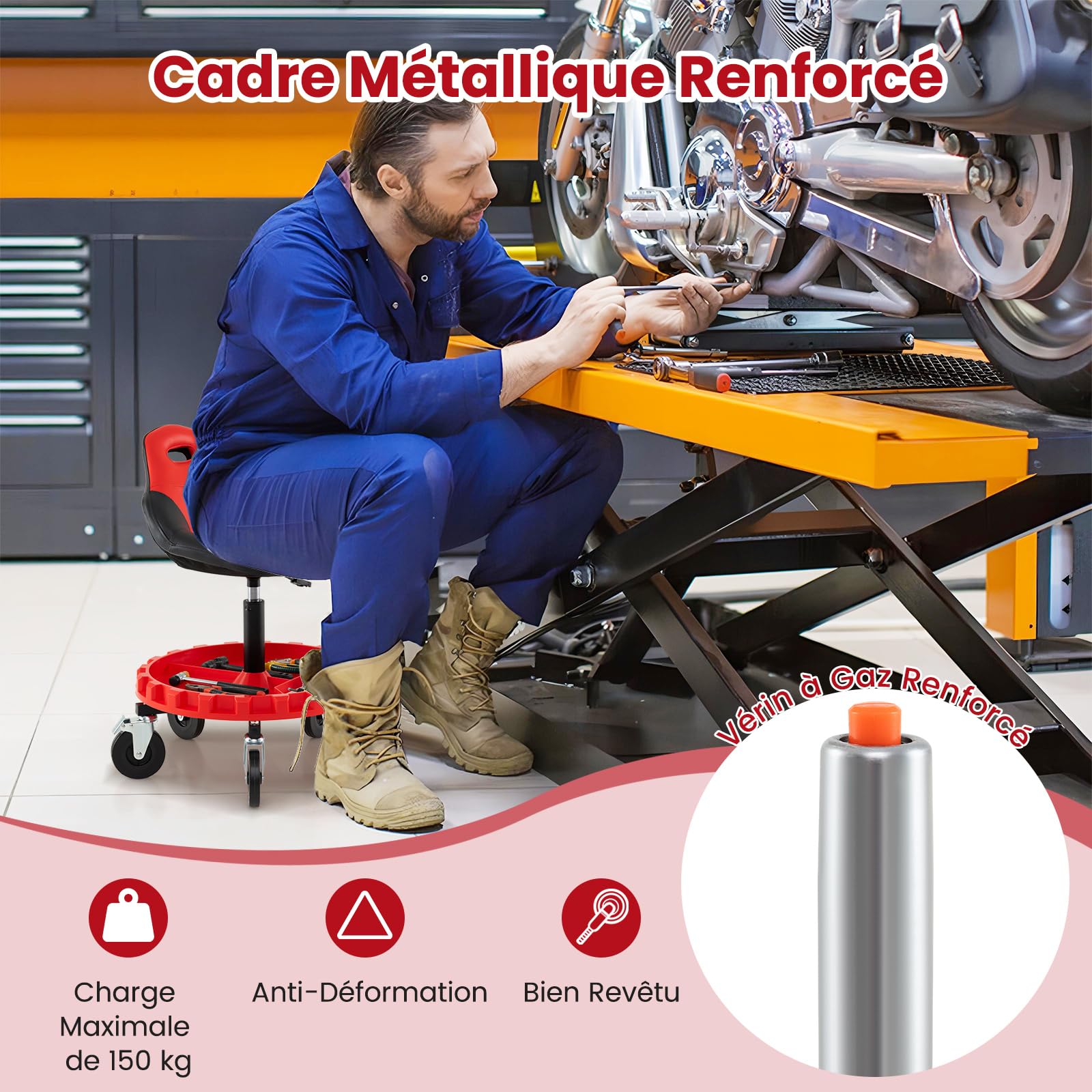 GYMAX Tabouret d'Atelier pour Mécanicien, Siège Rembourré Pivotant, Hauteur Réglable 71-83cm, Plateau pour Outils, 5 Roues Universelles Verouillables, pour Garage, Réparation, Charge 150 kg