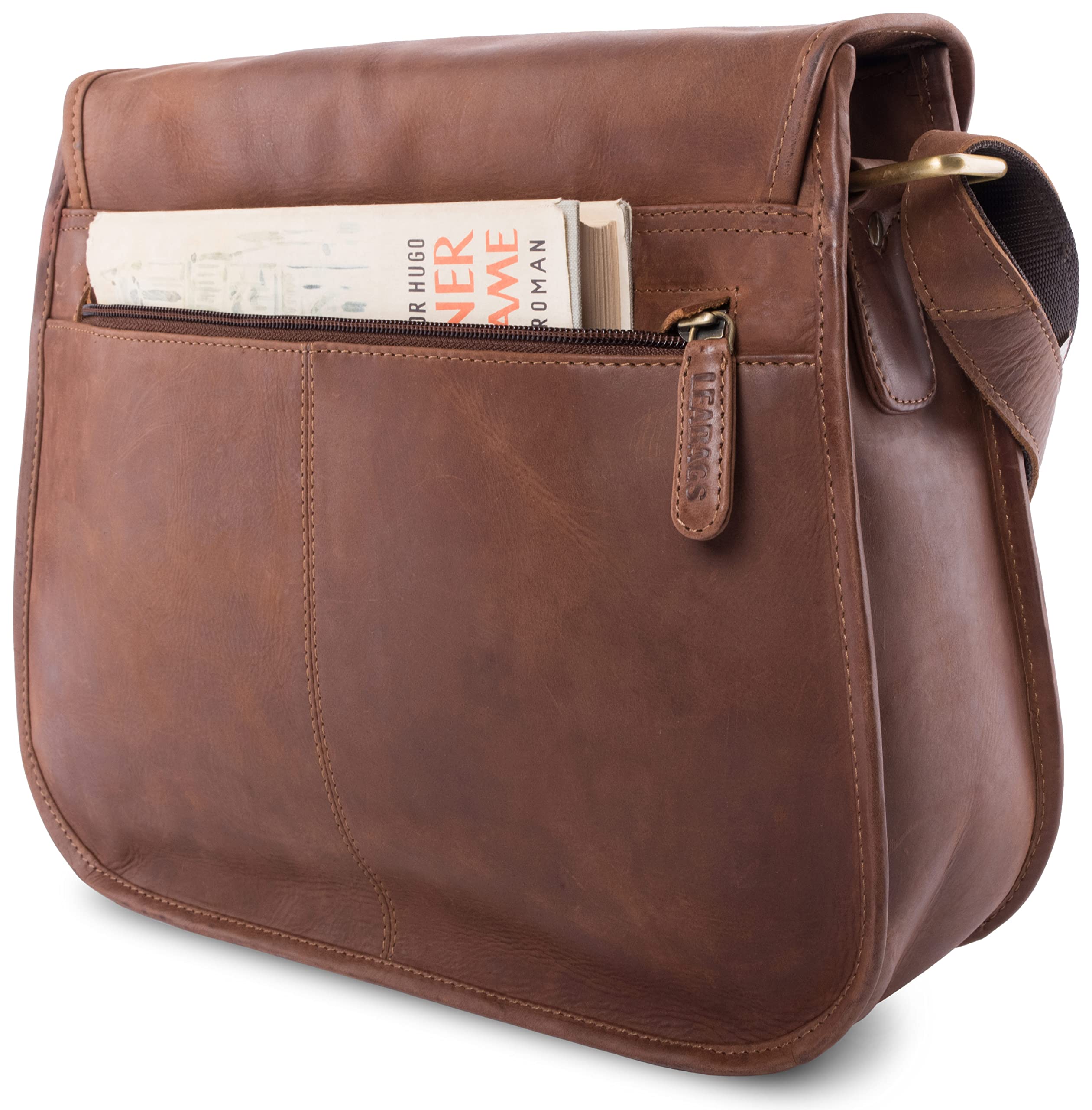 LEABAGS Leder Handtasche Damen I Premium Echtleder Umhängetasche I Damen Schultertasche I Damentasche I Tragetasche für Arbeit Uni Schule Freizeit I Größe L (32 x 31 x 9 cm) I Nature Hellbraun
