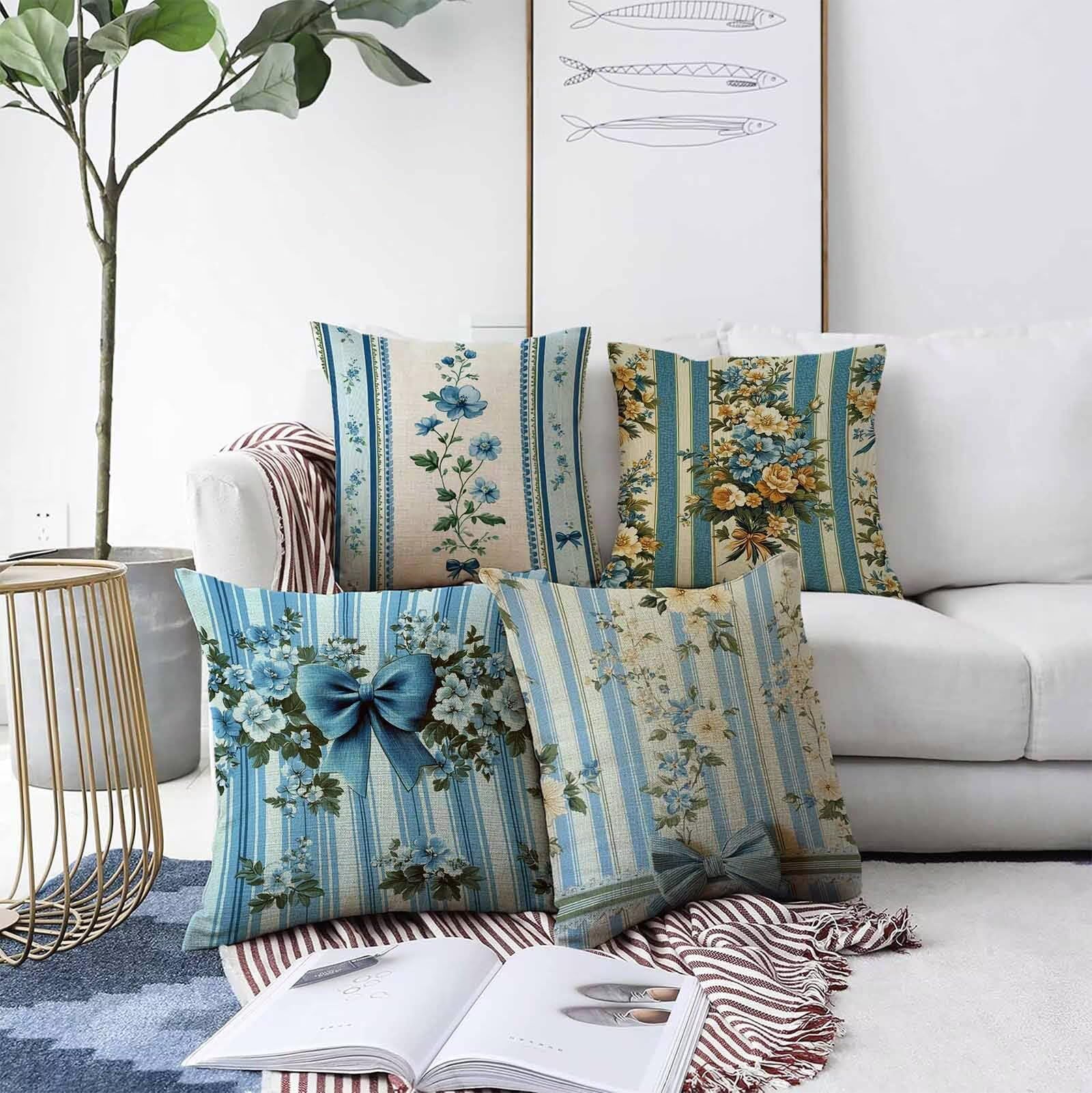 Vert Housse Coussin 65X65cm Fleur Conception de Motifs Lin Matériel Coussin Canape Lot de 4, avec Fermeture Eclair Caché Exterieur Impermeable pour Lit Chambre Canapé Decoration Maison PjY9086 K-E