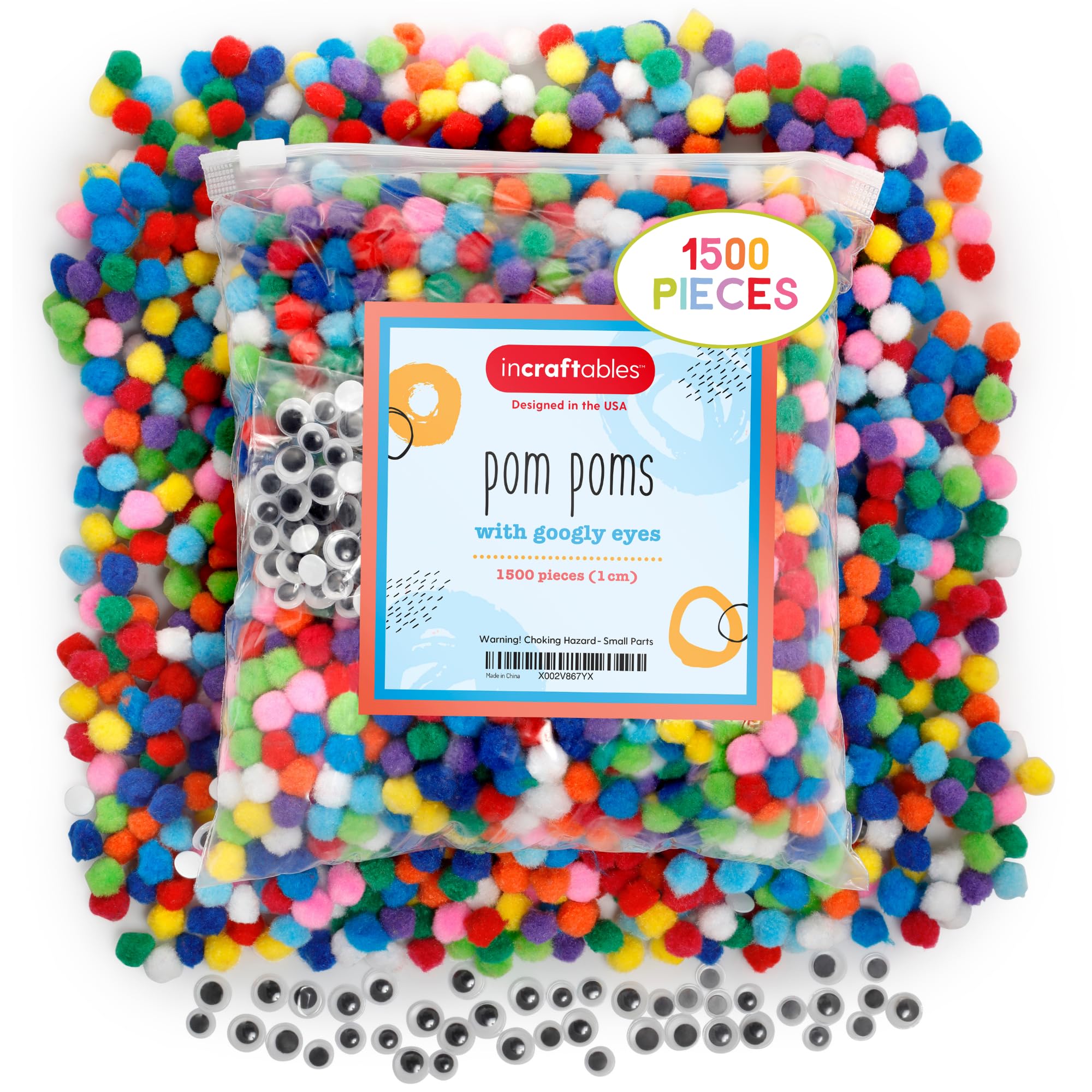 Incraftables Pompons mit Kulleraugen, 1500 Stück, bunte Baumwoll-Pompons für Bastelarbeiten, Hüte, Kunst und Dekorationen, mehrfarbig, geschwollene Pompons, Geschenk-Set für Kinder und Erwachsene