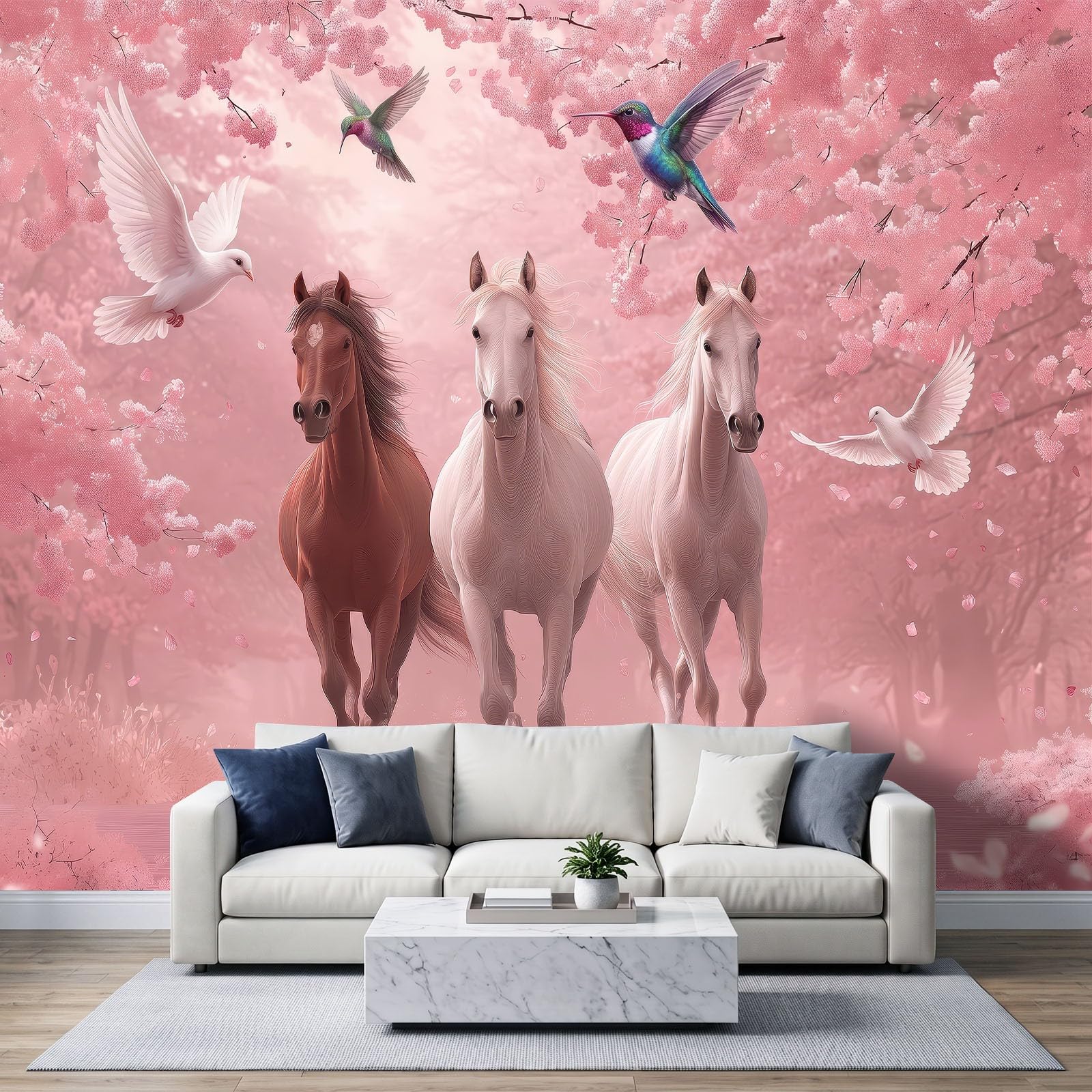 Générique Panoramiczna tapeta 500 x 280 cm fantazyjne zwierzęta galopowe konie XXL fototapeta dekoracja ścienna gobelin salon sypialnia - tapeta Trompe l'eil efekt 3D, różowa