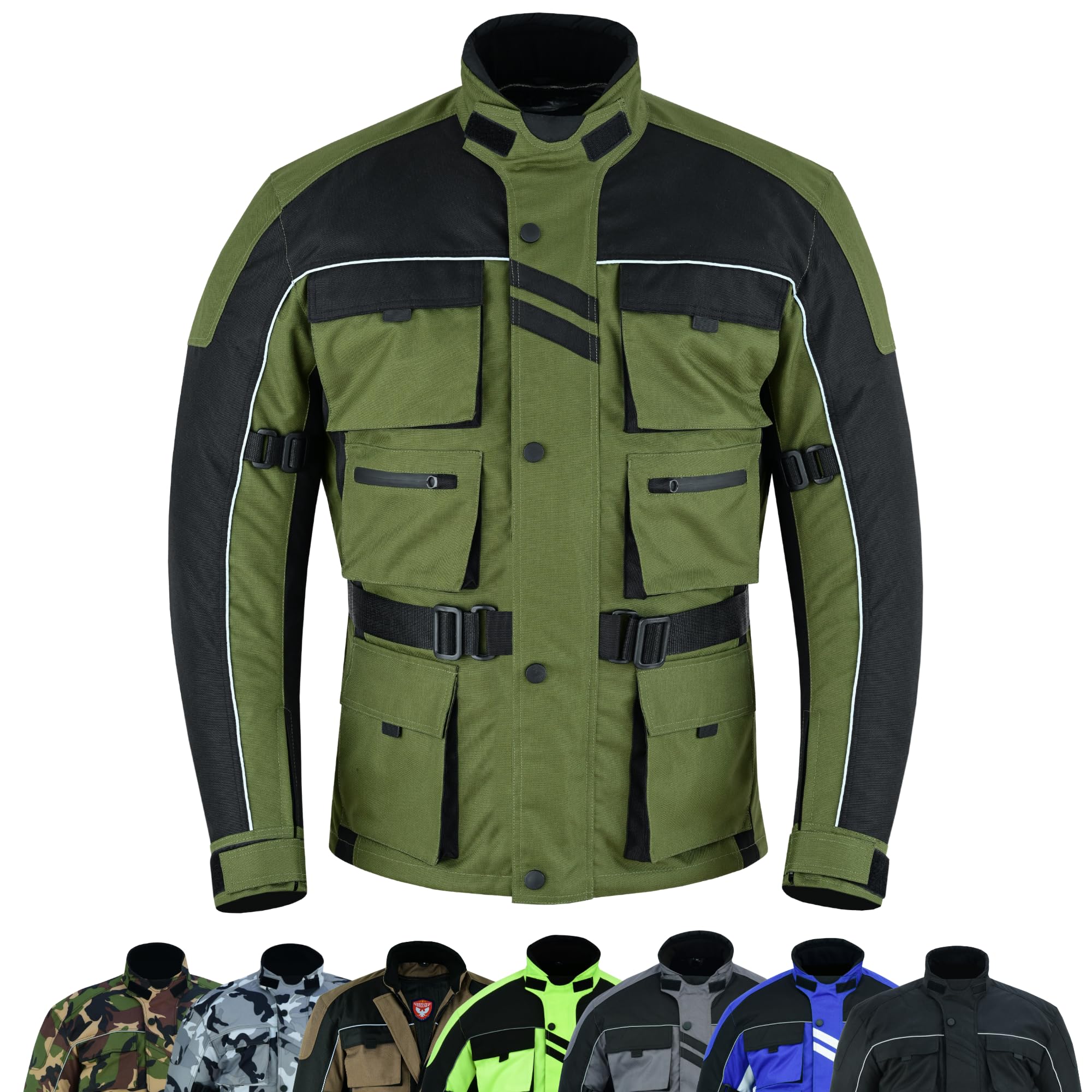 warrior gears 6 Pockets Mens Motorcycle Jacket, Textile Racing Motorbike Jacket, Hi-Vis Biker CE Protective Armored Jackets Mens Waterproof & Mesh Lining Breathable, Olive Green - 10X-Large