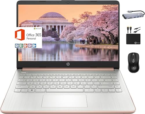 HP 2024 Premium 14" Micro-Edge Portátil para Estudiantes y Negocios, Intel Quad-Core N4120, 16GB RAM, 384GB (128GB eMMC + 256GB tarjeta), WiFi, Windows 11S + 1 año de Office 365, Accesorio Marxsol Oro