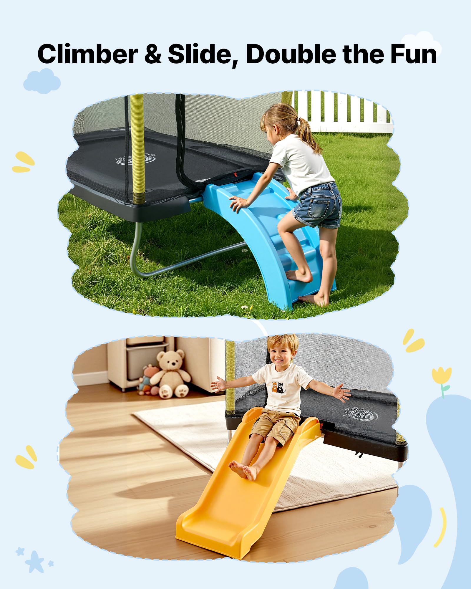 VEVOR Trampolín Infantil Cama Elástica para Niños Rectangular Carga 60 kg, con Red de Seguridad, Toboganes y Aro de Baloncesto, Marco de Tubos Galvanizados, Lona de Salto de PP, Regalo de Cumpleaños