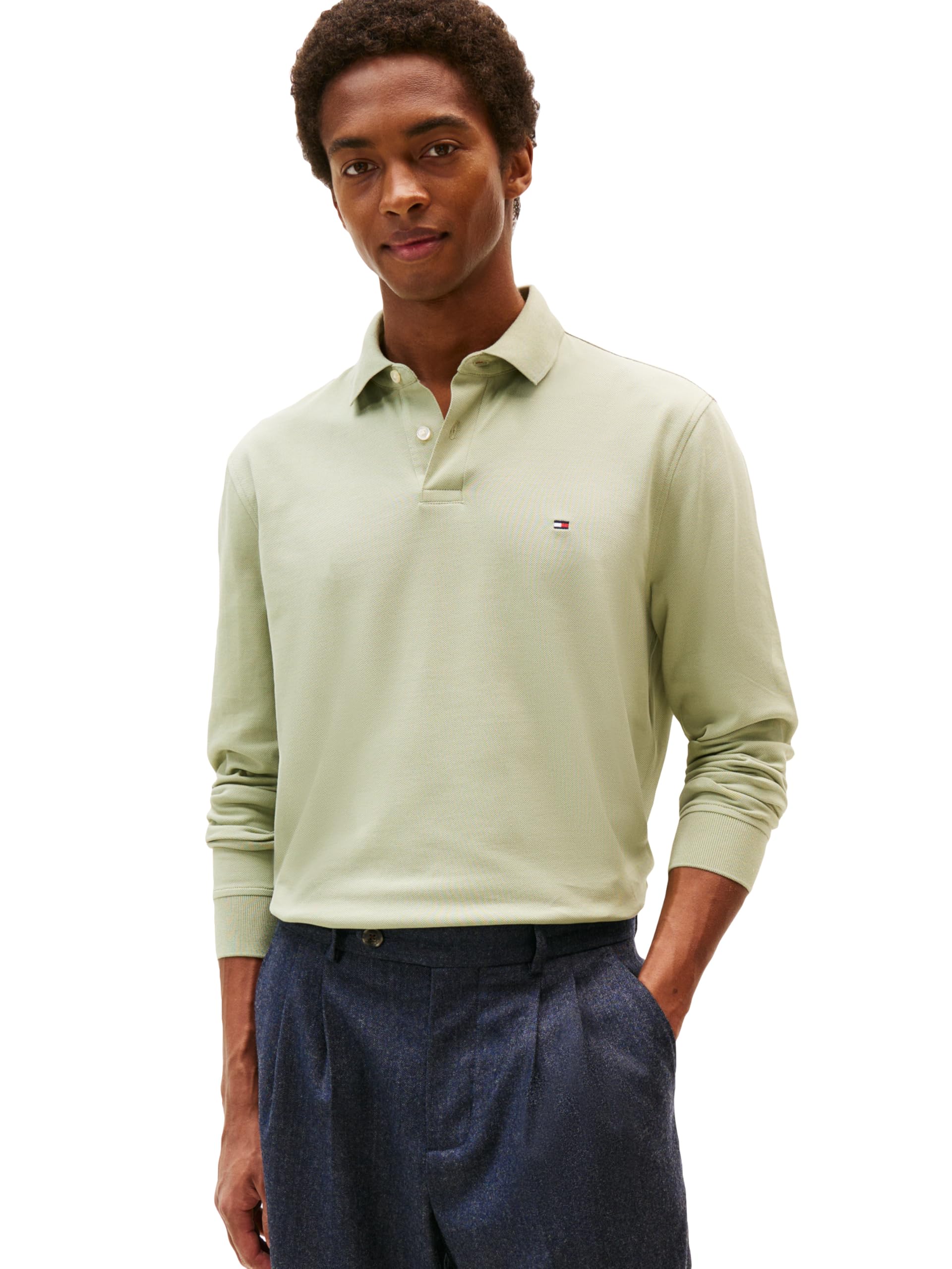 Tommy Hilfiger Men's Earth Sage Long Sleeve Polo Shirts In Regular Fit With Stretch And Organic Pique Cotton, Large
