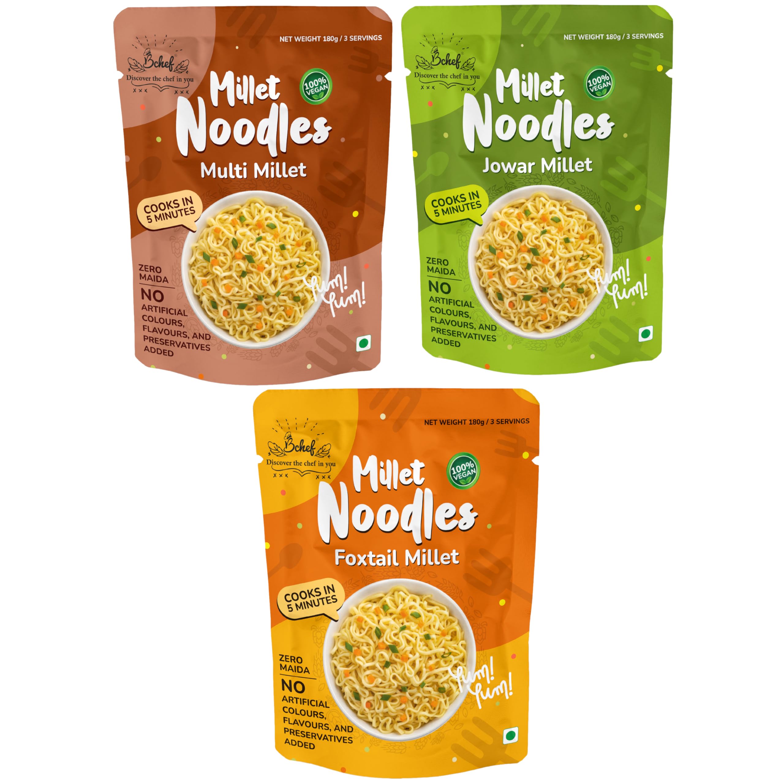 Bchef Jowar, Foxtail & Multi Millet Classic Noodles - Combo Pack of 3,180g each | Zero Maida, No Artificial Colours, No Flavours & Preservative Added | 100% Vegan Noodles, 540g (B0CX4RDR7L) Amazon Price History, Amazon Price Tracker