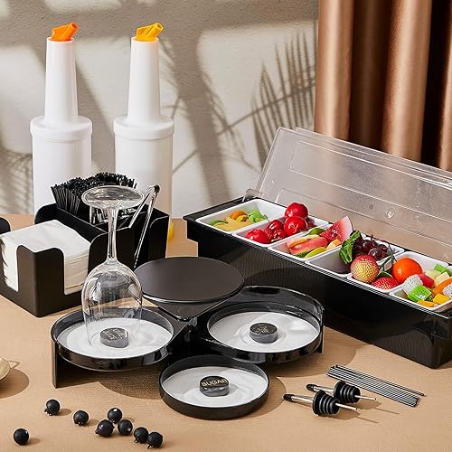 Vista 33 de Mifoci Bartending Supplies - Bandeja para decorar con tapa, barra de 3 niveles, 12 vertedores de botellas de acero inoxidable, 2 botellas de jugo