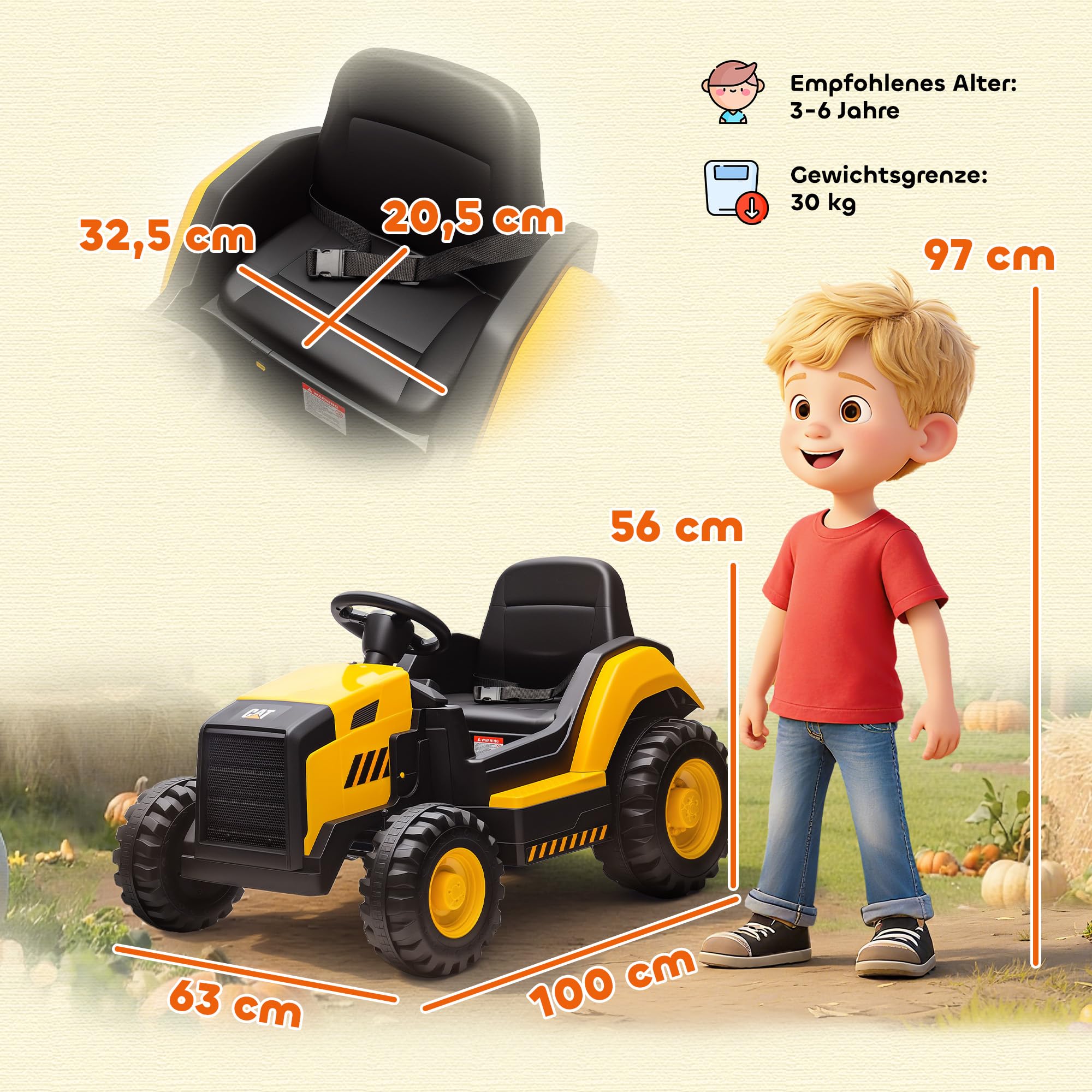 AIYAPLAY Elektrischer Traktor CAT-Lizenziert 12 V Musik 3-6 Jahre Gelb | Aufsitztraktor, 2,4G Fernbedienung, 2 Motor, Hinterradfederung, Langsamer Start und Stopp, Bluetooth, Elektrotraktor