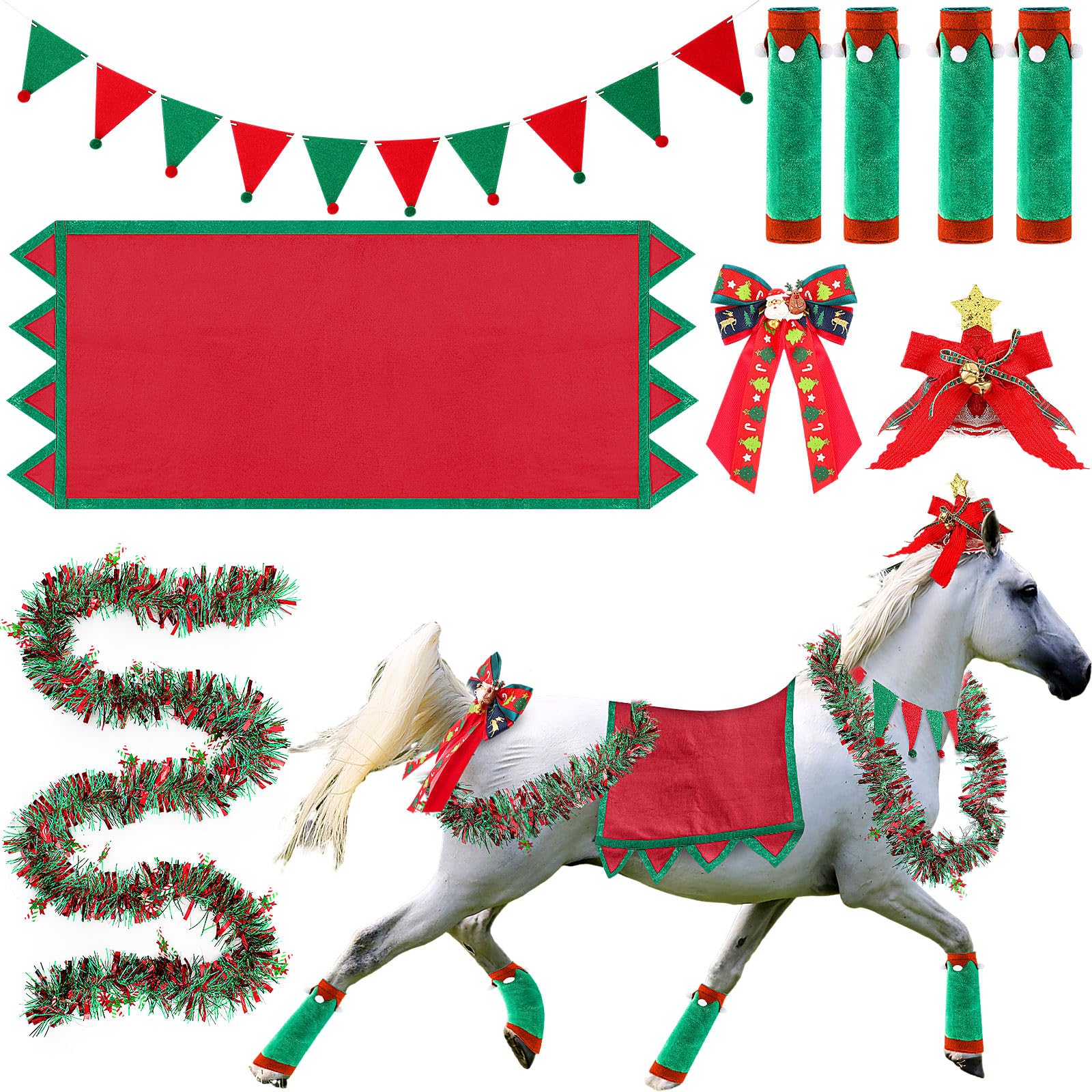 Cosblank 10 Pcs Christmas Horse Costume Accessories Horse Christmas Parade Costume Christmas Saddle Pad Horse Leg Wraps Horse Neck Garland Pennant Bow for Xmas Holiday Decor Party Parade Supplies