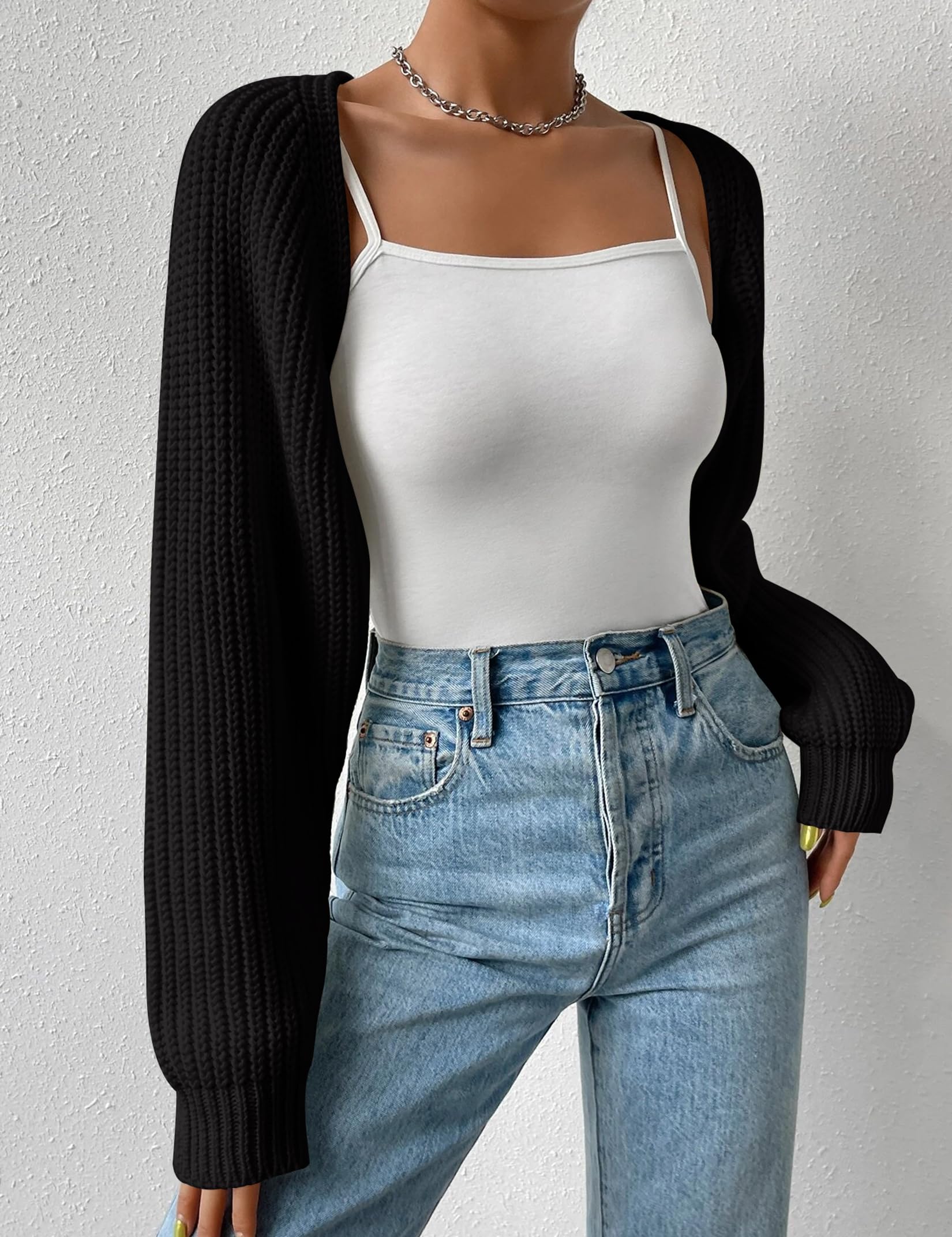 XuBa Bolero - Cárdigan corto para mujer, manga larga, color sólido, acanalado