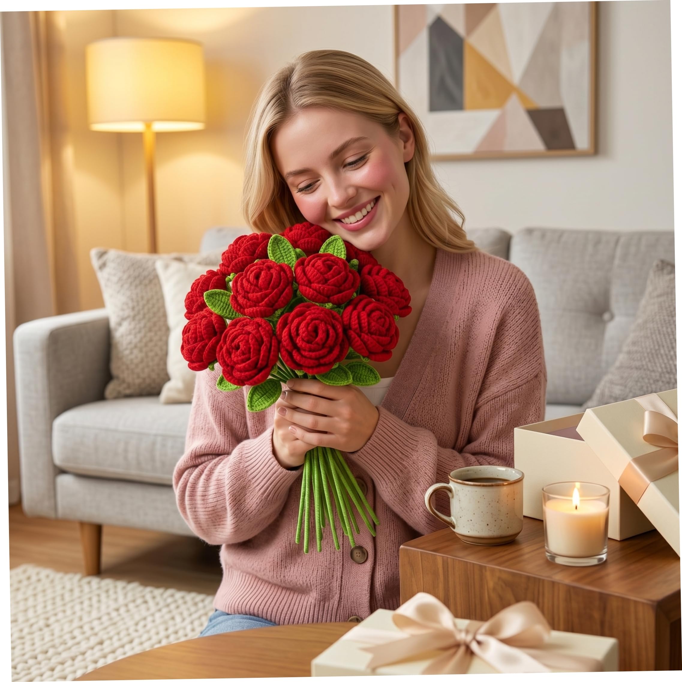 Rosas de Ganchillo, 10 Uds., Ramo de Flores de Punto, Rosas Rojas de Lana Hechas a Mano, Belleza y Amor eternos, Ideal para mamá, Hermana, Amigas, Novia