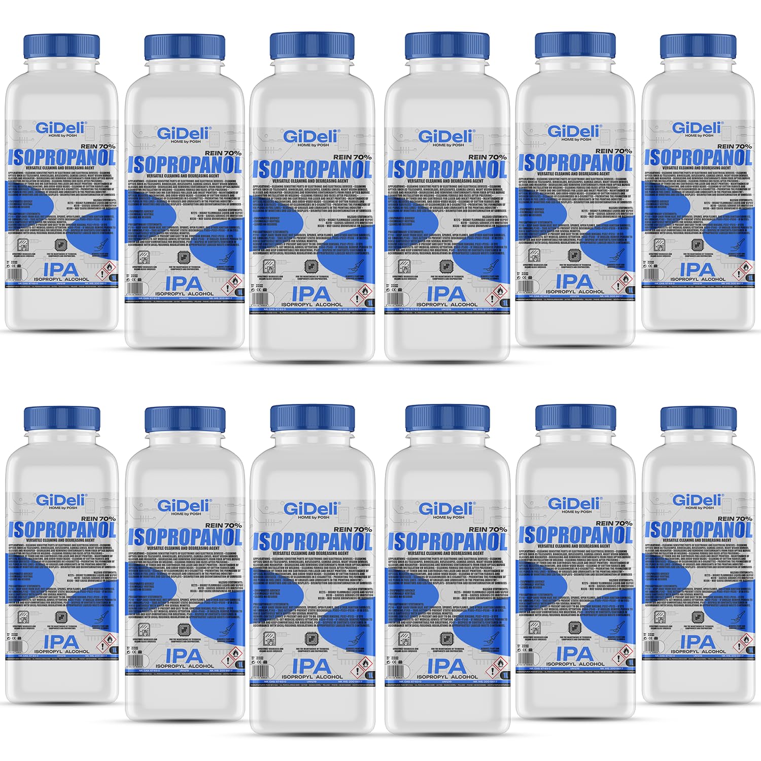 GiDeli Isopropanol 70% 12 x 1 litro limpiador de alcohol isopropílico alto porcentaje IPA alcohol limpiador para la limpieza de componentes electrónicos, lentes y pantallas