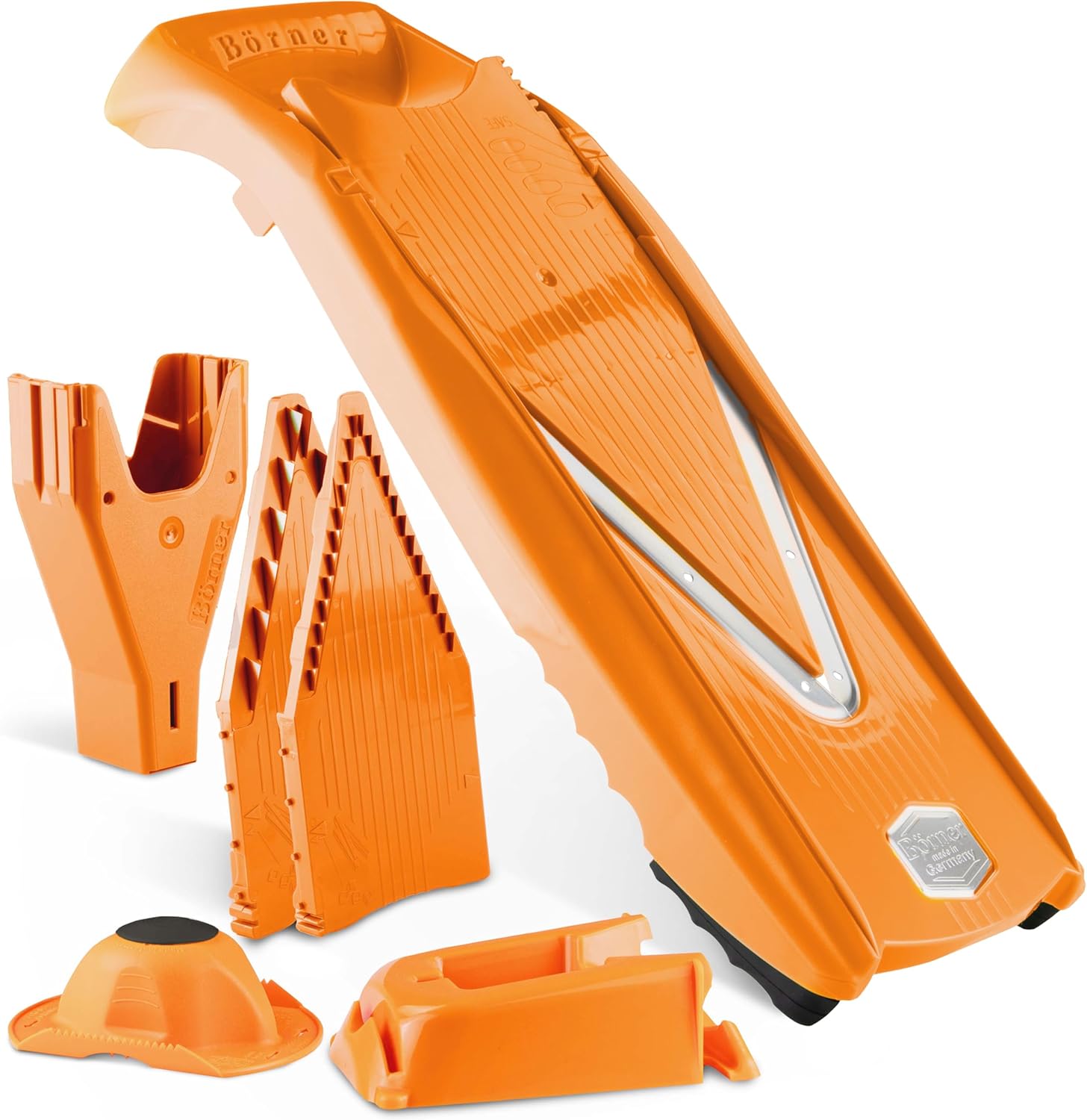 Mandoline Food Slicer Börner V5 (Profi Set) by Reston Lloyd • V-Slicer with 4 Inserts, Docking Station & Food Holder • Made in Germany • Fruit & Vegetable Chopper • Multiple Settings • Color: Orange