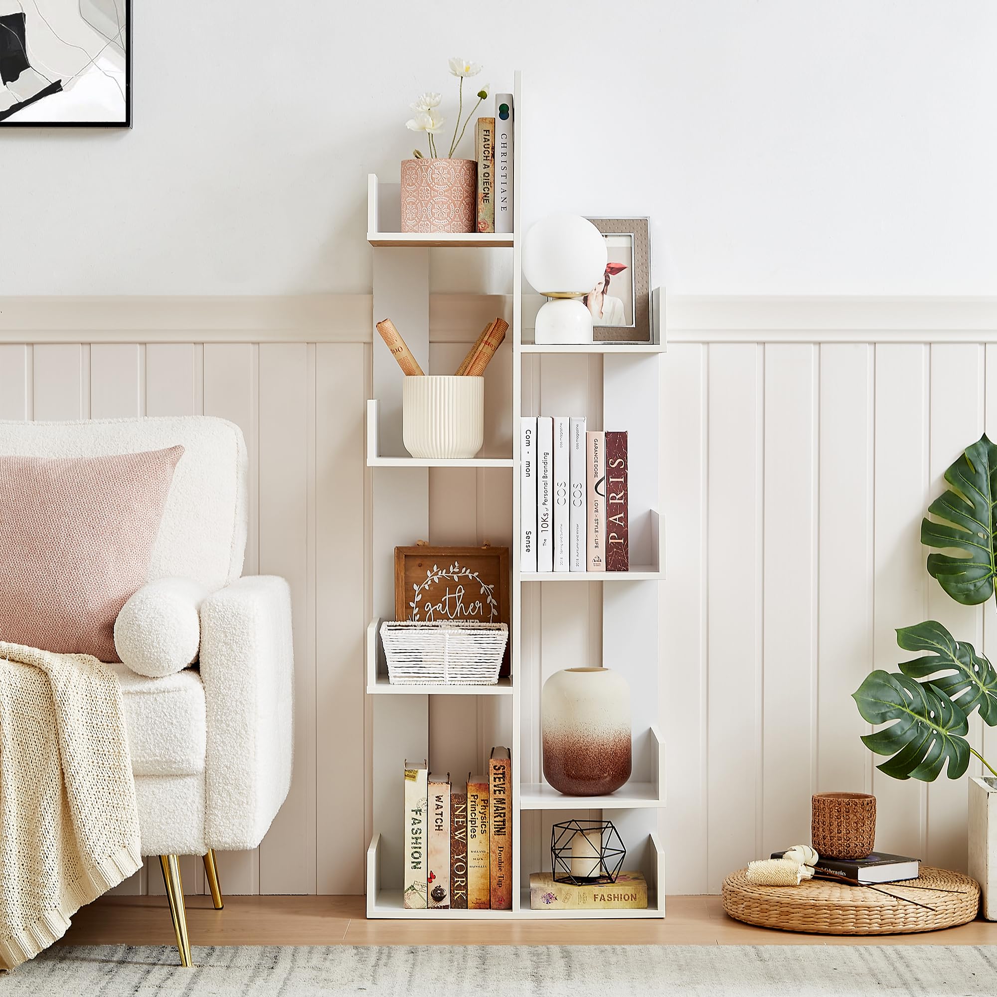 VECELO 8 Shelf Storage Tree Bookshelf,Wooden Book Display Shelves for CDs/Movies/Books, FreeStanding Geometric Tree-Shaped Bookcase Storgae Organizers for Home Office, Living Room,Bedroom,White