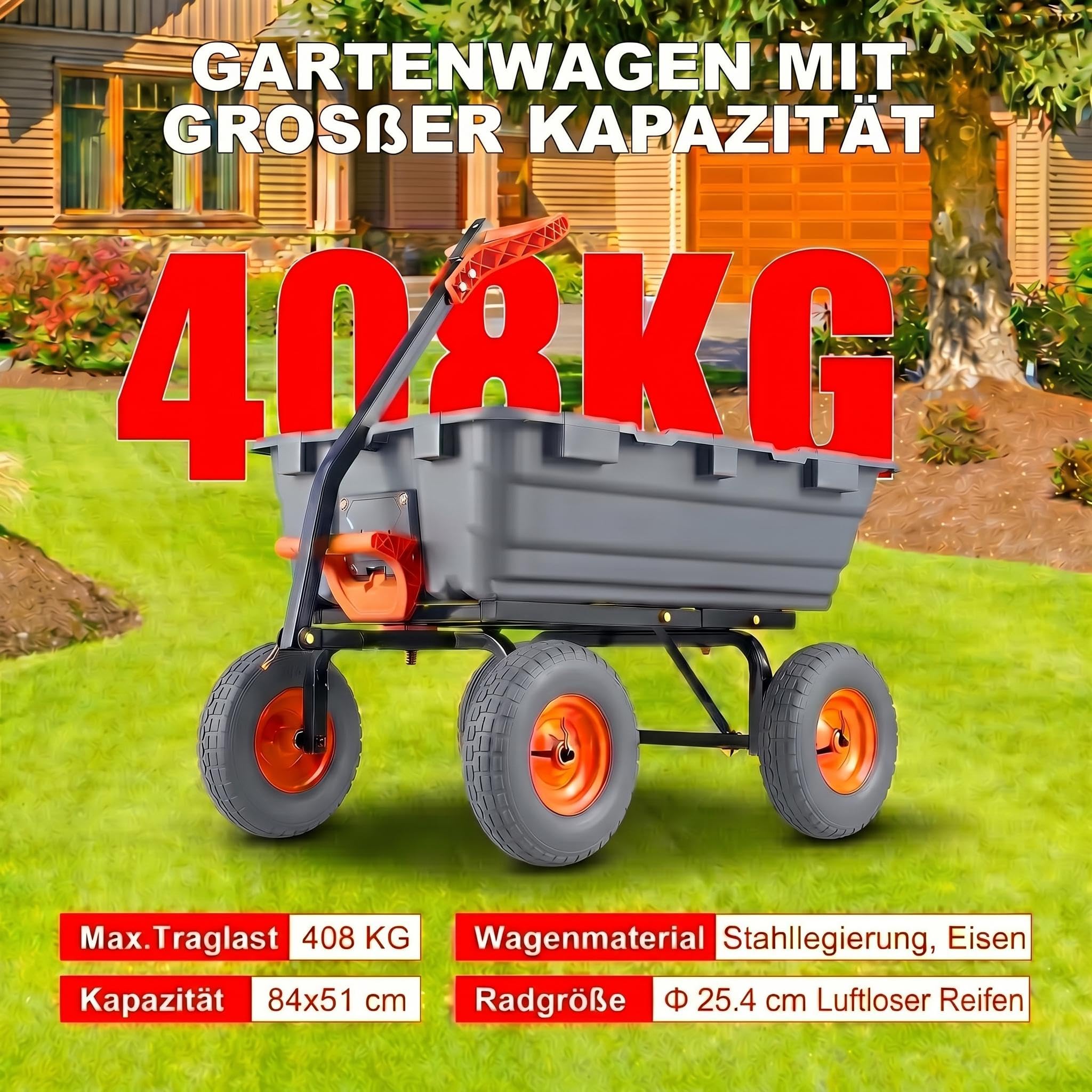 Gartenwagen mit Kippfunktion, Transportwagen für 408 kg | Zuladung, Mehrzweck Schubkarre mit 10 Zoll Luftlose Reifen, Einfache Montage und Langzeitiges Outdoor
