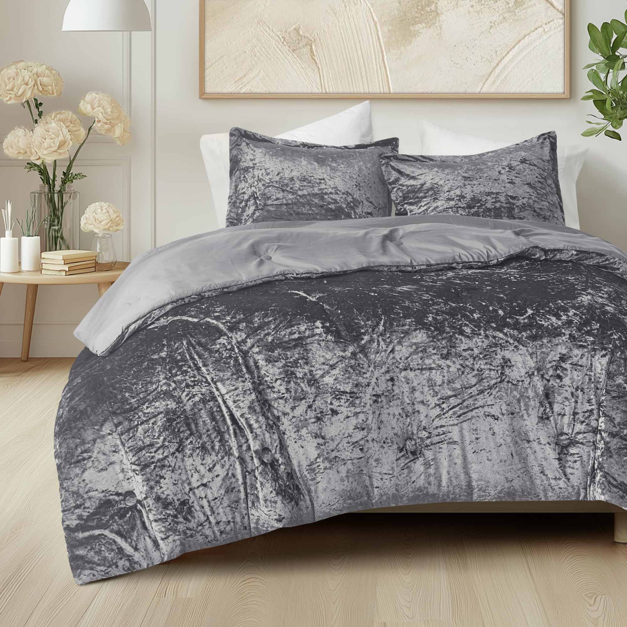 Comfort Spaces Comfort Spaces Reversible Velvet Grey Queen Comforter Set, 3pc | Brushed Microfiber Reverse, All Season Cozy Bedding Sets, Machine Washable, Lightweight for Full Bed, Ultra Soft, Breathable, Grey Comforter, Full/Queen