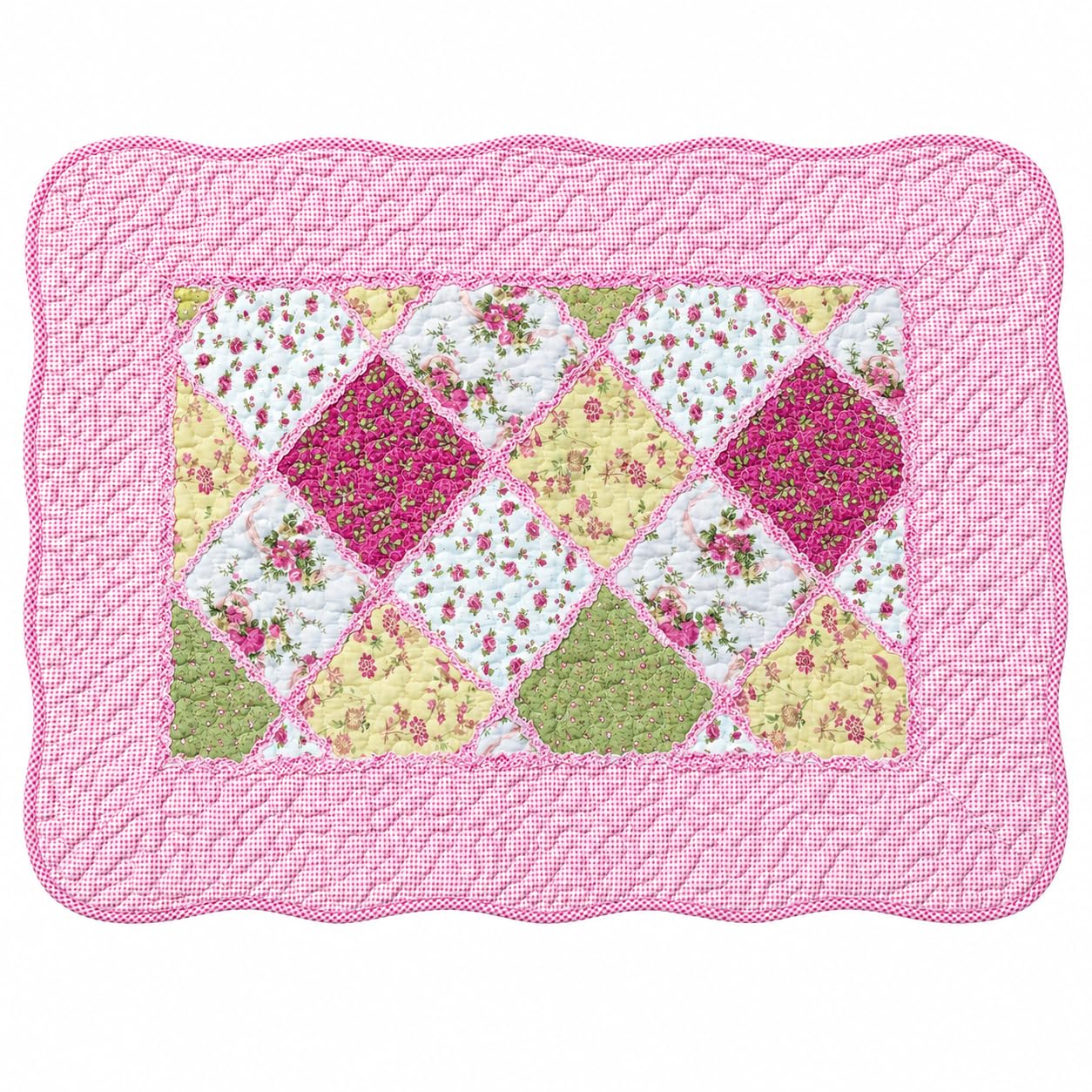 Florence Happy @ England Vintage Floral Patchwork Quilted Cotton Mat Rug, Shabby Chic Bathroom/Bedroom Accent Rug, Non-Slip Backing, Candy Pink, 50×70cm