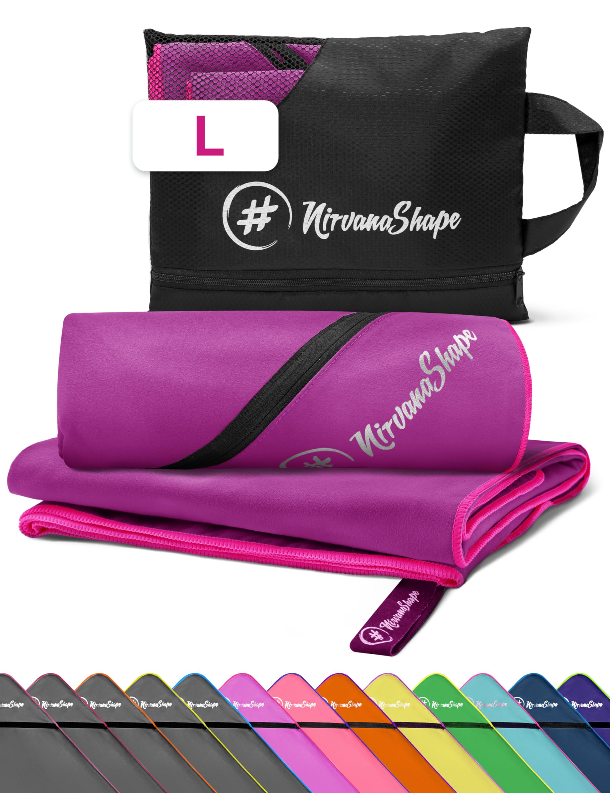 NirvanaShape Microfiber - Travel Towel for Beach Sports, L 140 x 70 cm, Violet / Pink Seam, L: 140 x 70 cm