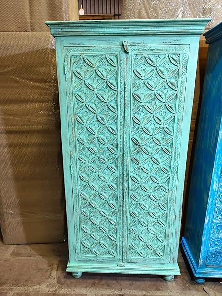 Nazar Art & Craft Solid Mango Wood Hand Craving Wardrobe with 2 Door & Shelf Storage for Bedroom, Hotel & Home, Blue Finish, (90 x 40 x 180cm)