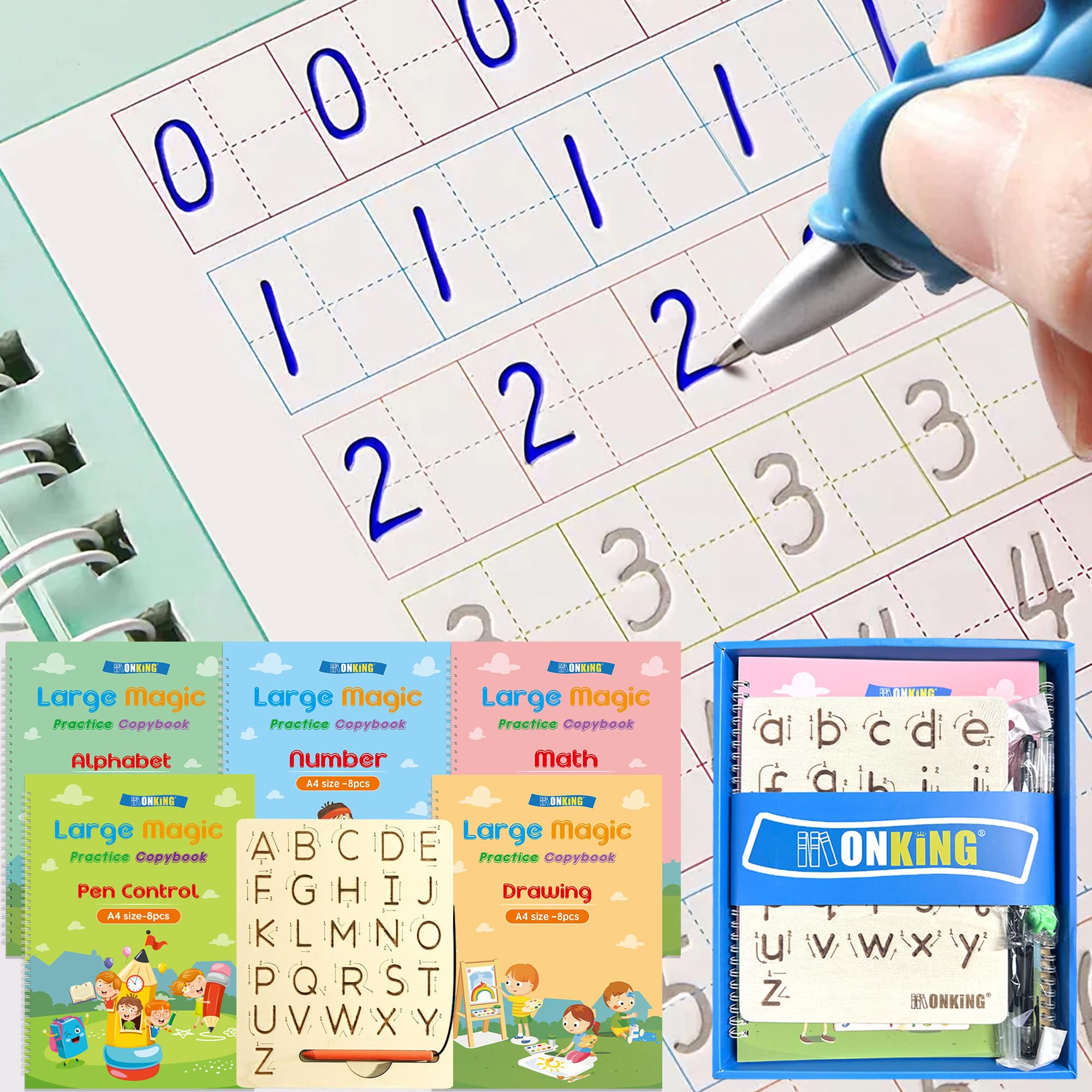 Monking Cuaderno de práctica mágica para niños, libro de práctica de escritura a mano, paquete de 4 con recambio de bolígrafo, caligrafía cursiva en inglés, reutilizable para niños, jardín de