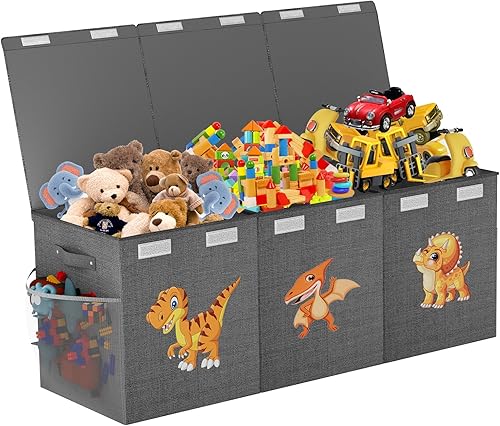Caja de juguetes extra grande, plegable, resistente, organizadora de juguetes, cestas de dinosaurios con tapas para niños y niñas, sala de estar,