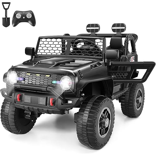 Hikole 24V Ride on Jeep, w/Remote Control, 400W Power Electric SUV, Wide Seat for 2 Kids, Ride on Toys for Boys&Girls, Spring Suspension, Colorful Lights, Shovel, Music&Horn, Easier Towing, Black