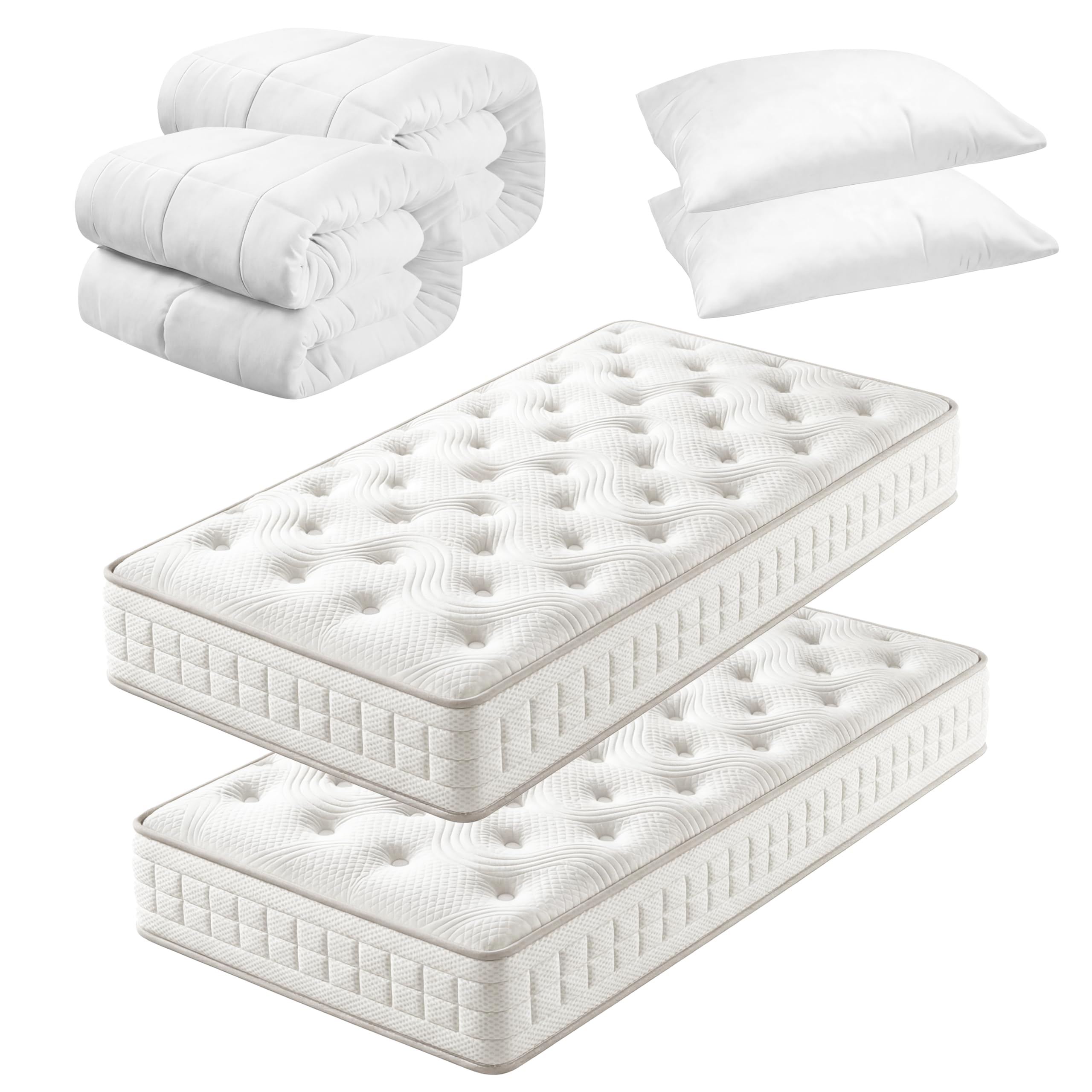 Materasso Singolo 80x190 | Kit Completo 2 Set: 2 Materassi 16cm + 2 Cuscini 40x70 + 2 Piumoni 140x200(2, Set 3 pezzi 80x190x16cm)