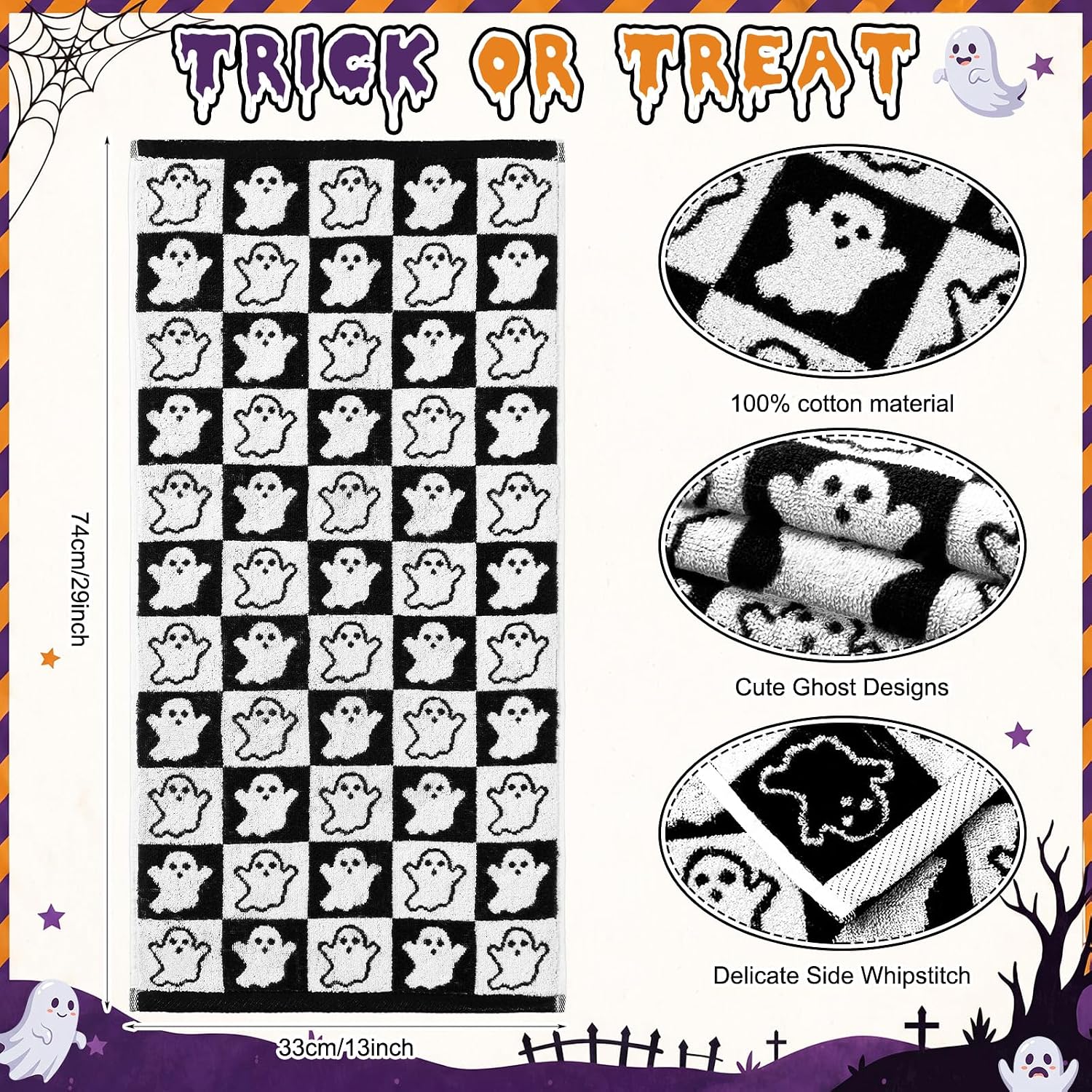 Frienda 3 Pcs Halloween Ghost Hand Towels Cotton Black White Kitchen Towels