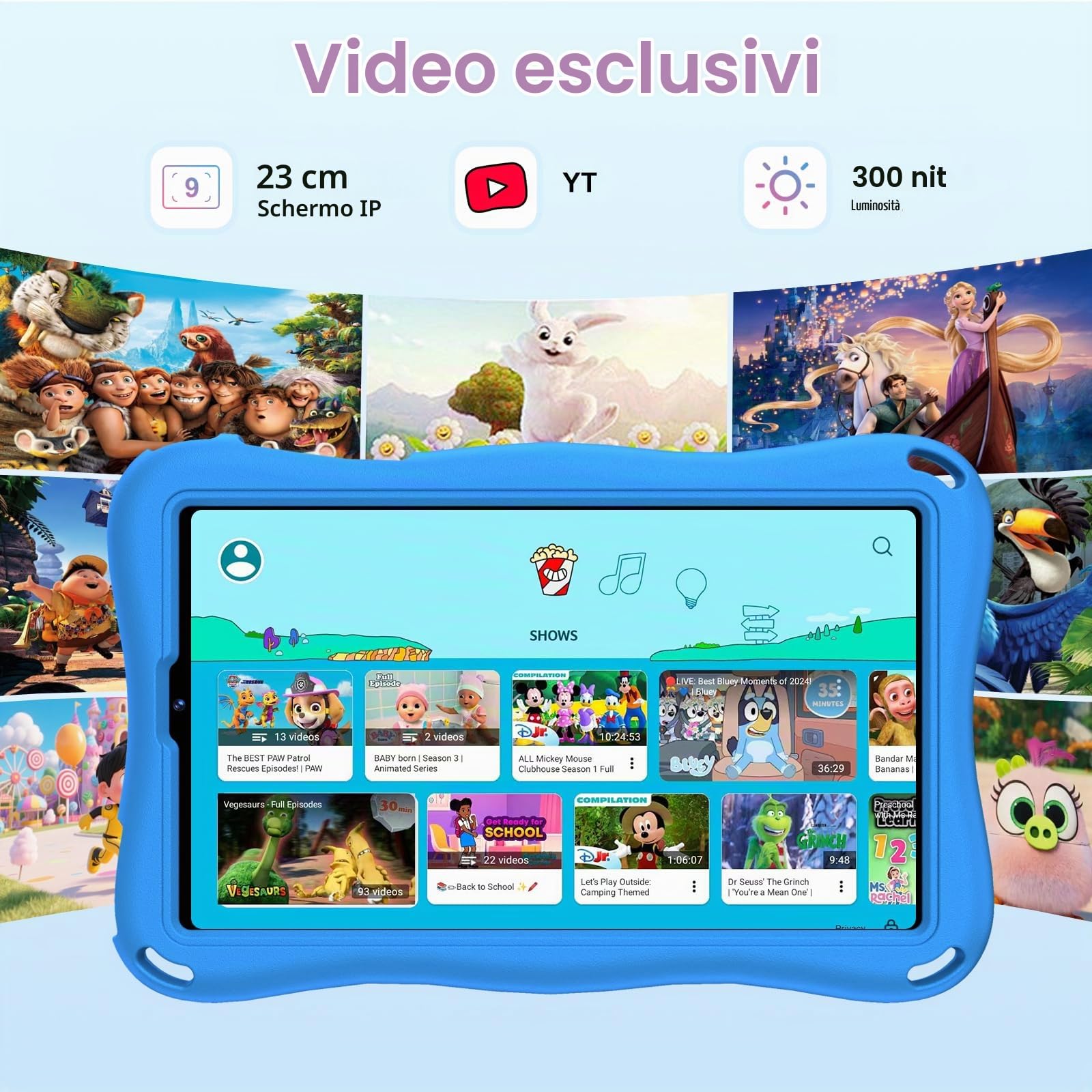 2026 Tablet per bambini 9 pollici Android 15 con 12 GB di RAM + TF 1 TB, 5G WiFi, Octa-Core, Widevine L1, controllo genitoriale, 5000 mAh, 1340 x 800, BT 5.0, per bambini con custodia Eva - Blu